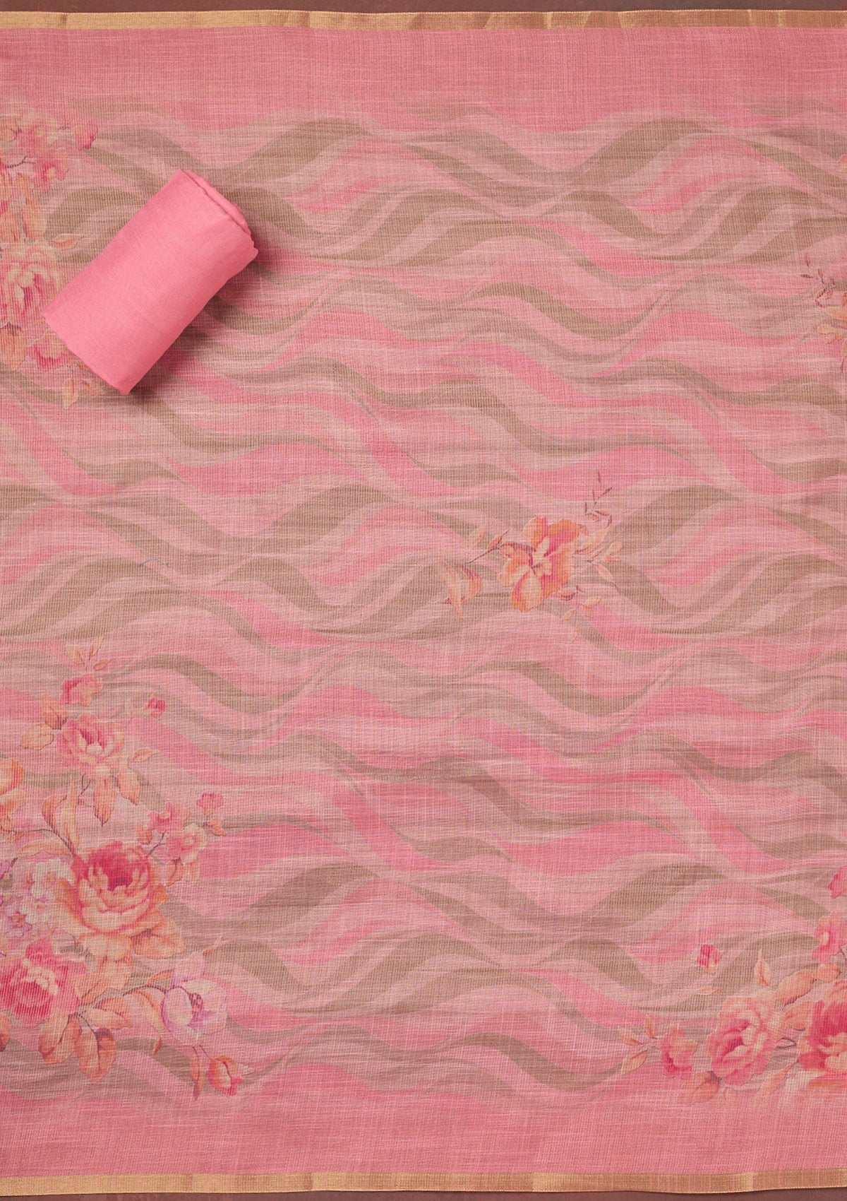 Pink Threadwork Linen Unstitched Salwar Suit