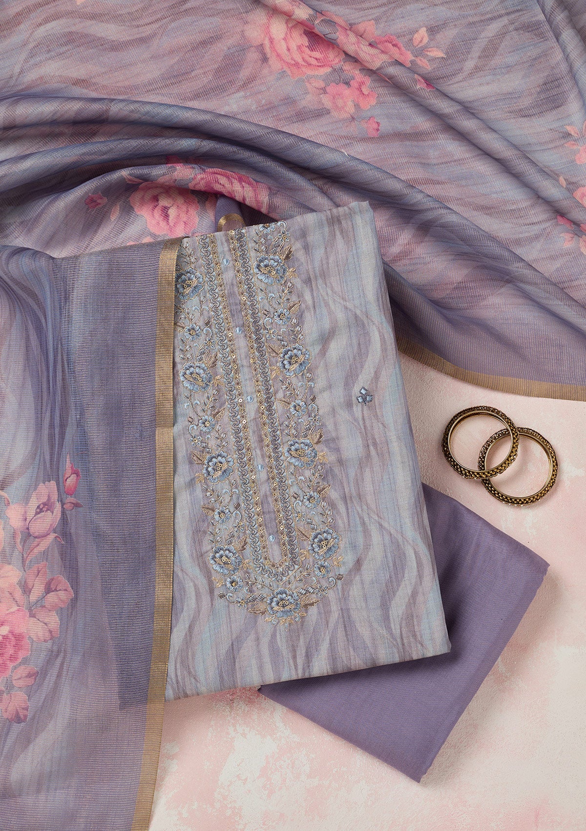 Purple Threadwork Linen Unstitched Salwar Suit