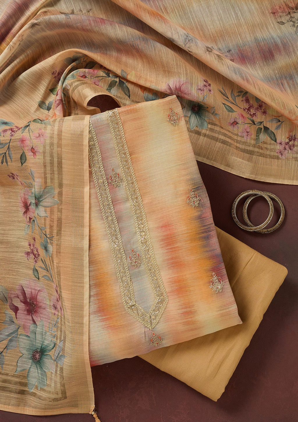 Multi Zariwork (Gold) Linen Unstitched Salwar Suit