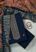 Navy Blue Threadwork Dola Silk Unstitched Salwar Suit