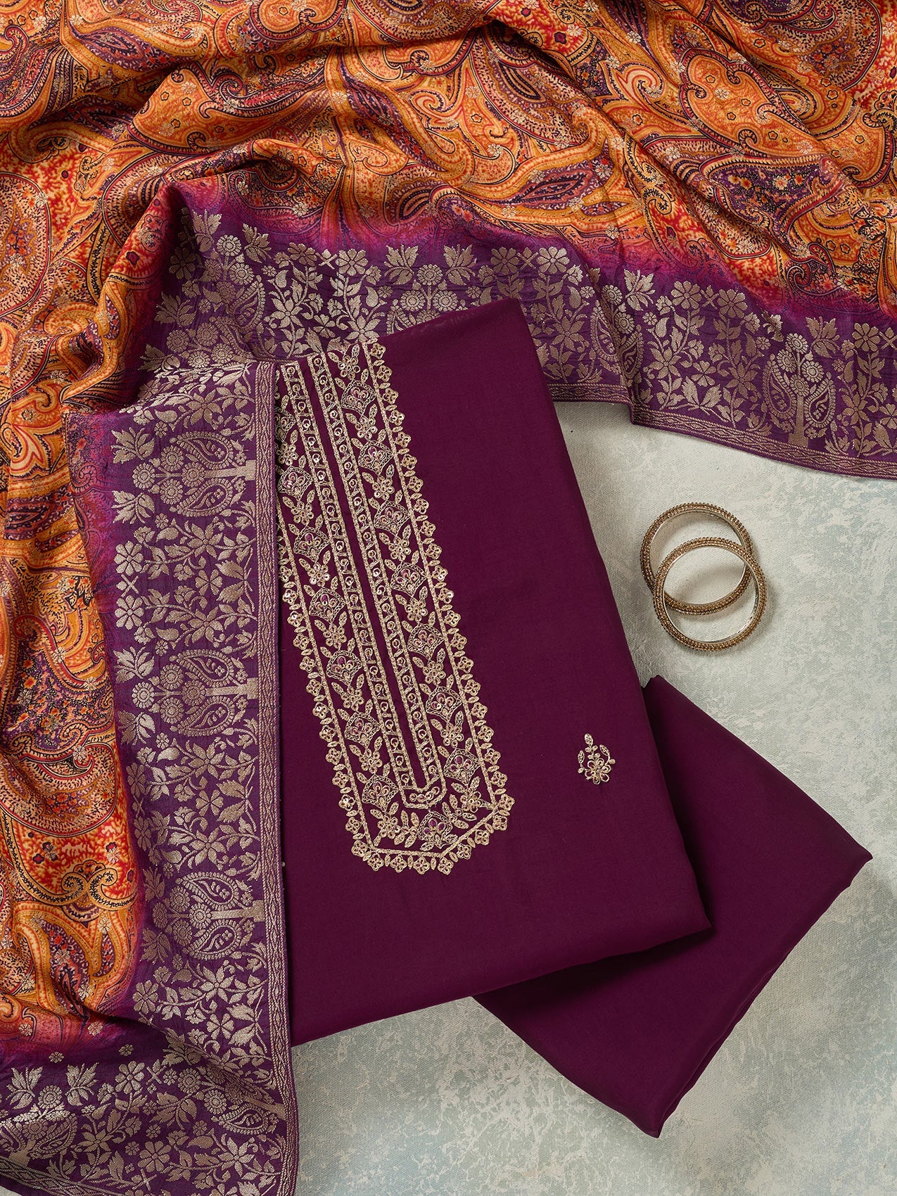 Purple Zariwork (Gold) Dola Silk Unstitched Salwar Suit