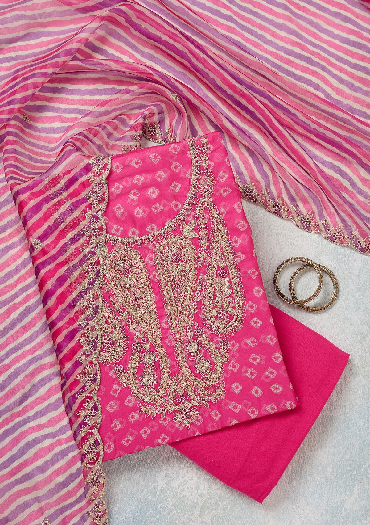 Pink Zariwork (Gold) Organza Unstitched Salwar Suit