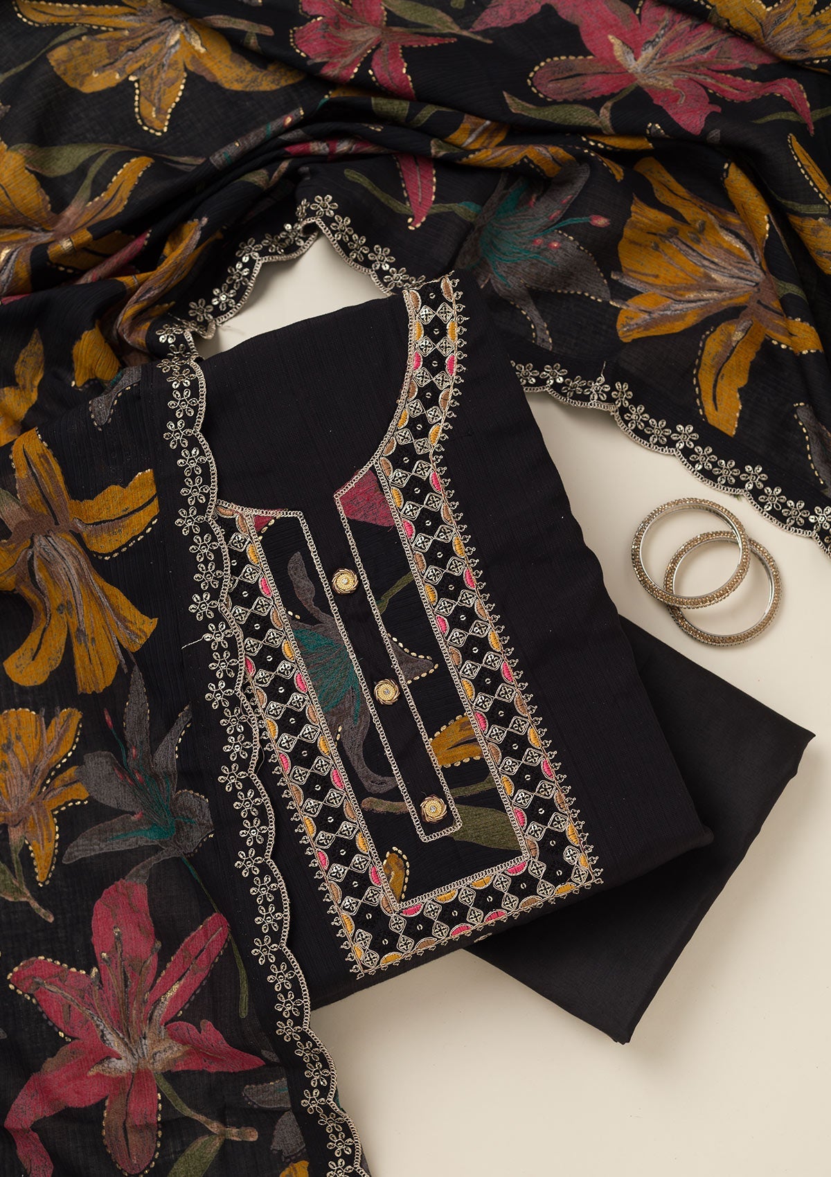 Black Zariwork Dola Silk Unstitched Salwar Suit