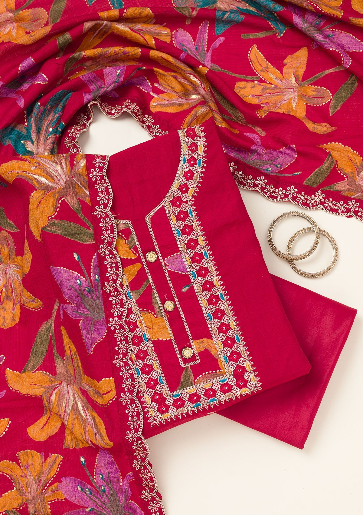Maroon Zariwork Dola Silk Unstitched Salwar Suit