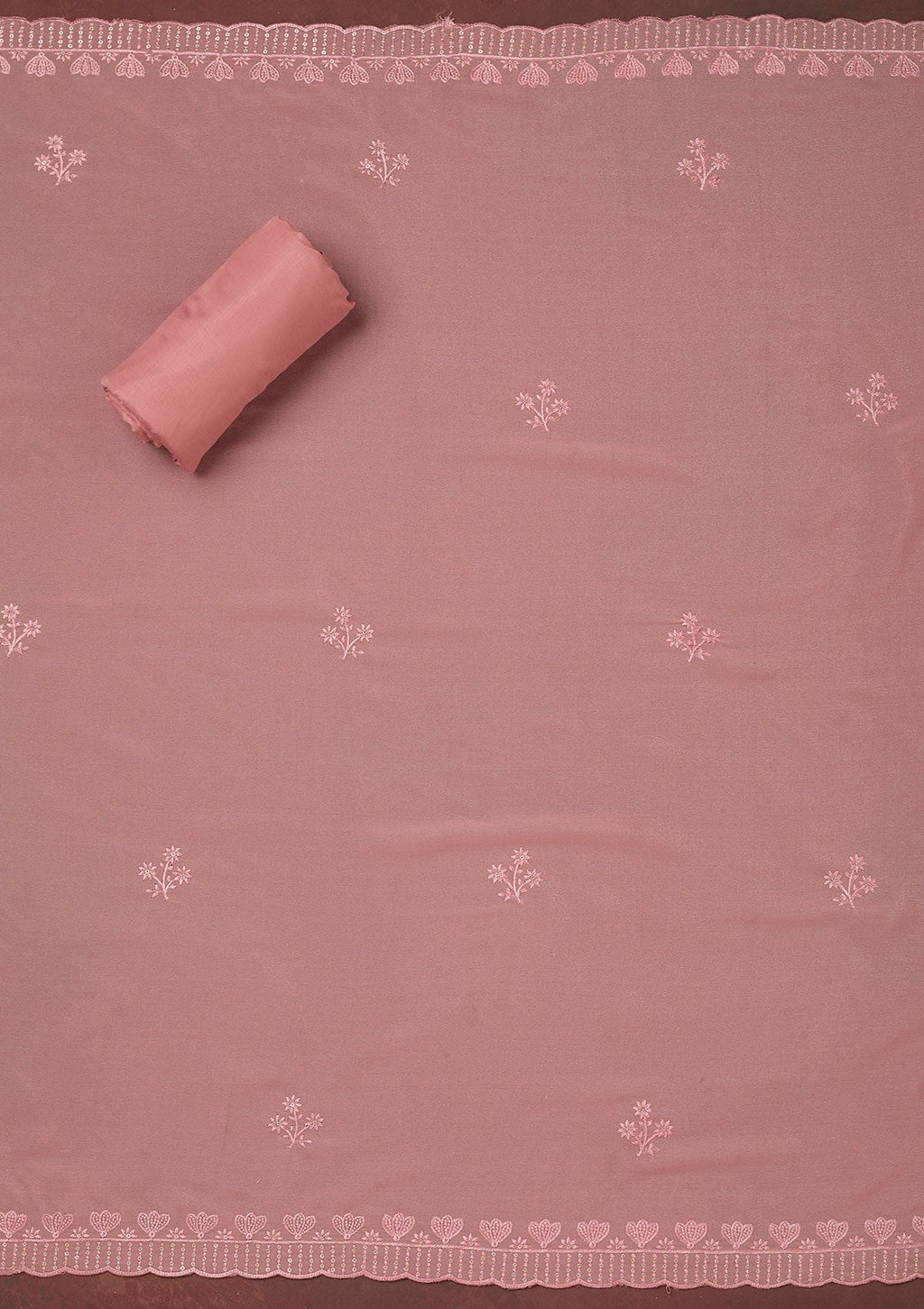 Peach Thread Embroidery Semi Crepe Unstitched Salwar Suit