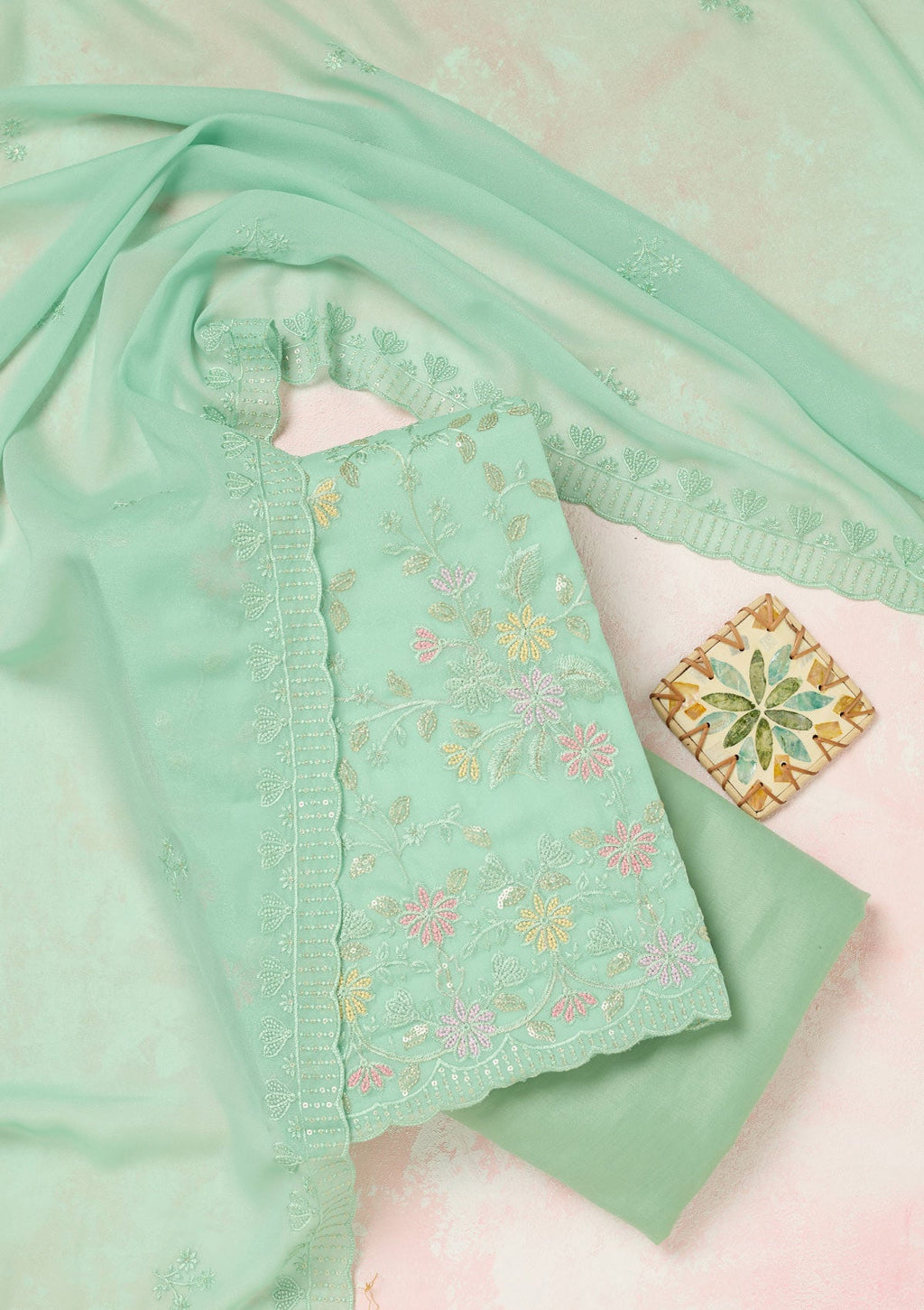 Sea Green Thread Embroidery Semi Crepe Unstitched Salwar Suit