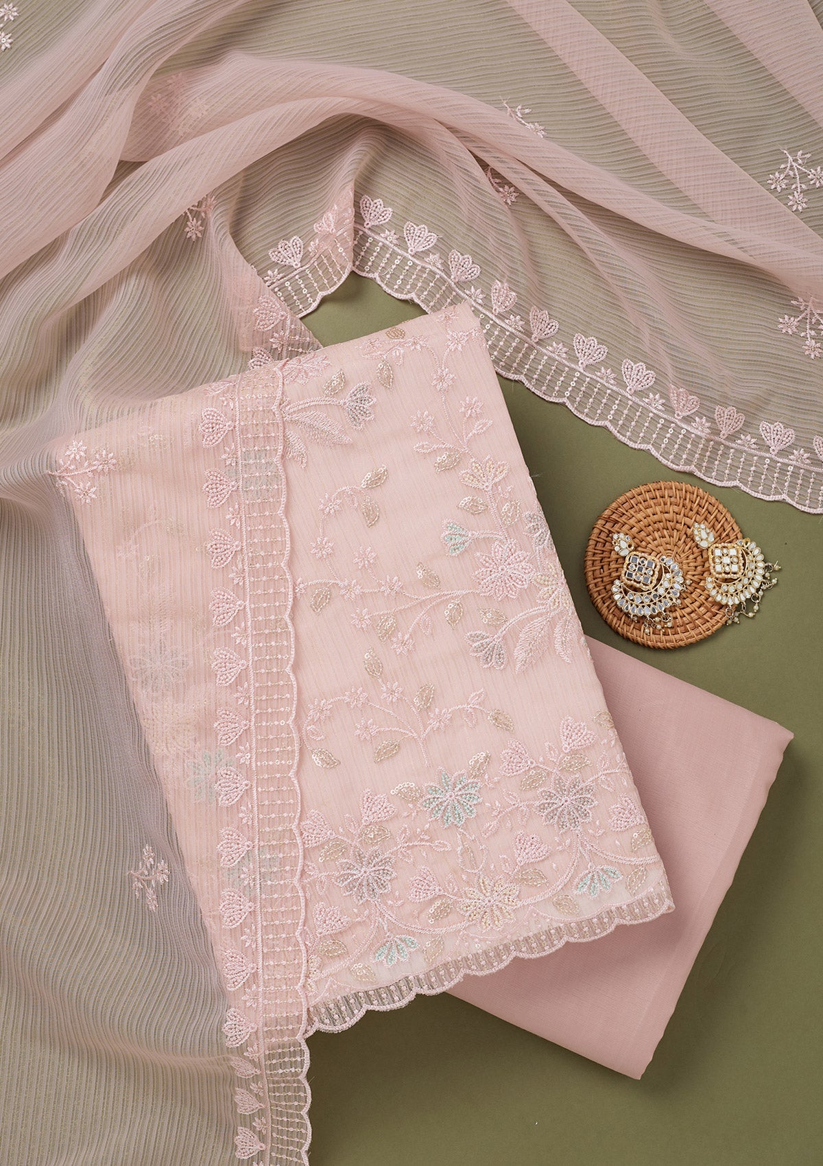 Baby Pink Threadwork Semi Crepe Unstitched Salwar Suit