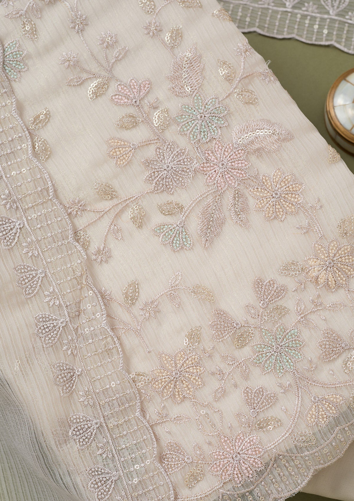 Light Grey Threadwork Semi Crepe Unstitched Salwar Suit