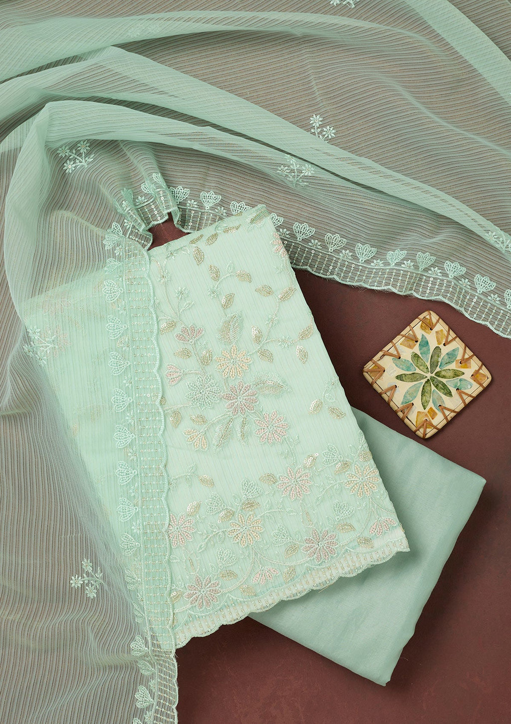 Sea Green Thread Embroidery Semi Crepe Unstitched Salwar Suit