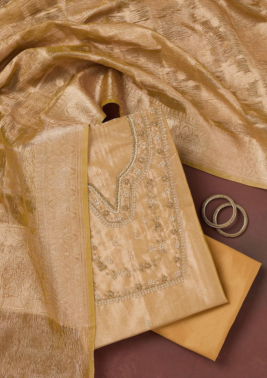 Gold Zardozi (Gold) Tissue Unstitched Salwar Suit