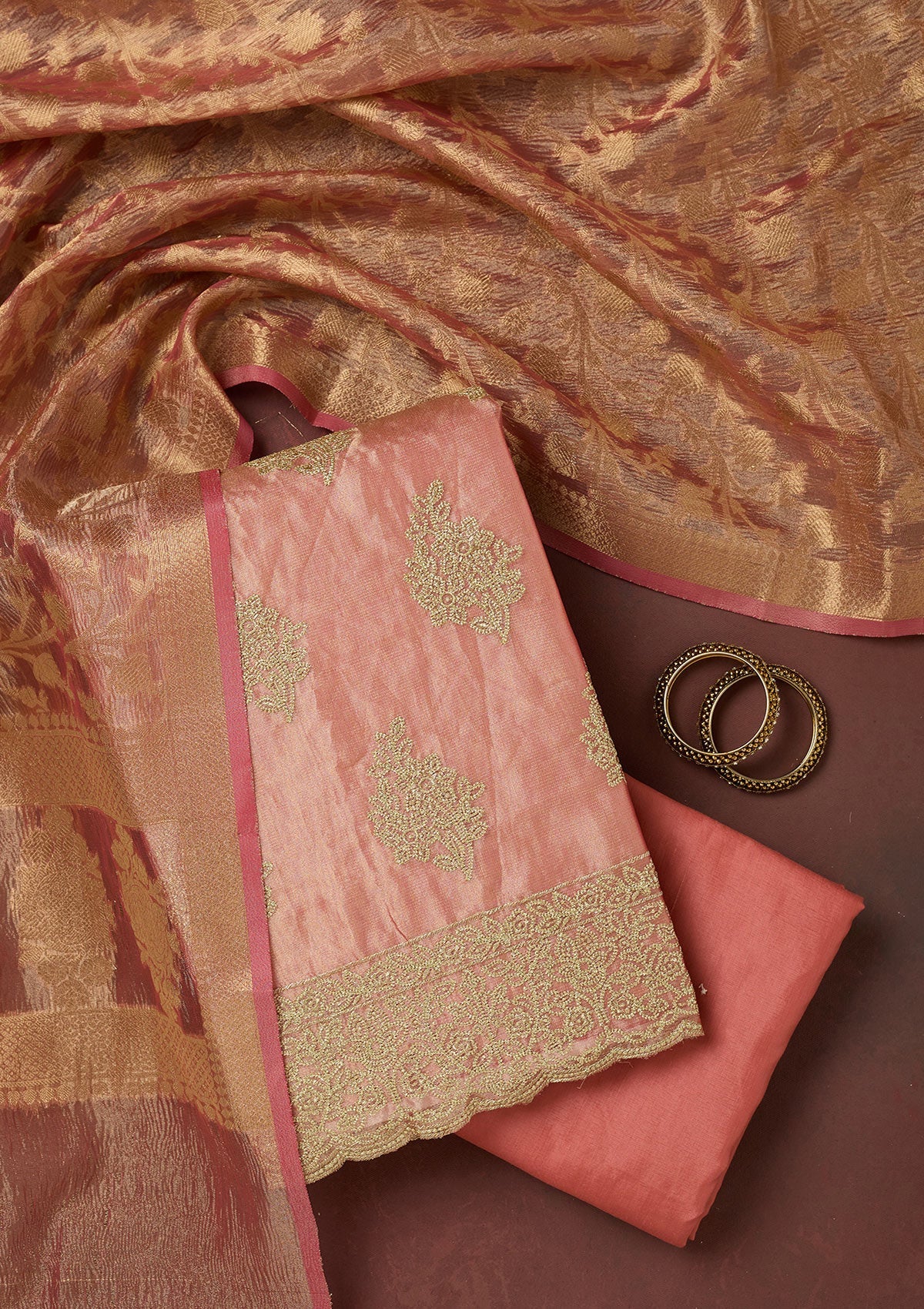 Onion Pink Metallic Embroidery Tissue Unstitched Salwar Suit