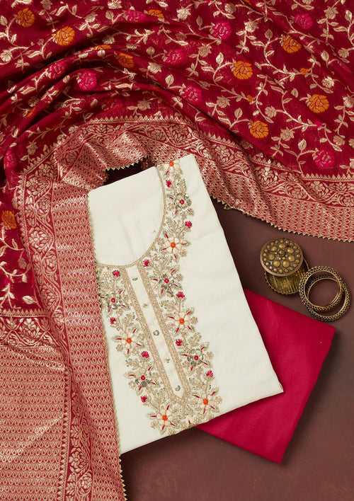 Cream Subtle Dola Silk Unstitched Salwar Suit
