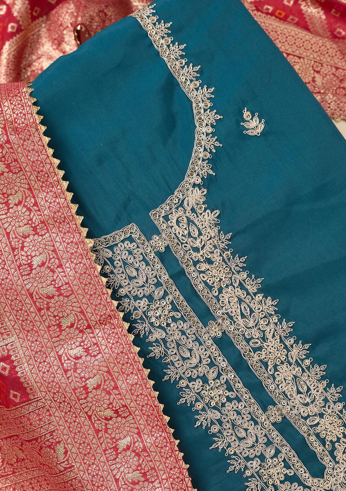 Blue Zariwork Soft Raw Silk Unstitched Salwar Suit