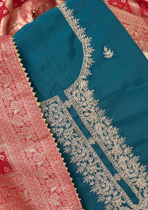 Blue Zariwork Soft Raw Silk Unstitched Salwar Suit