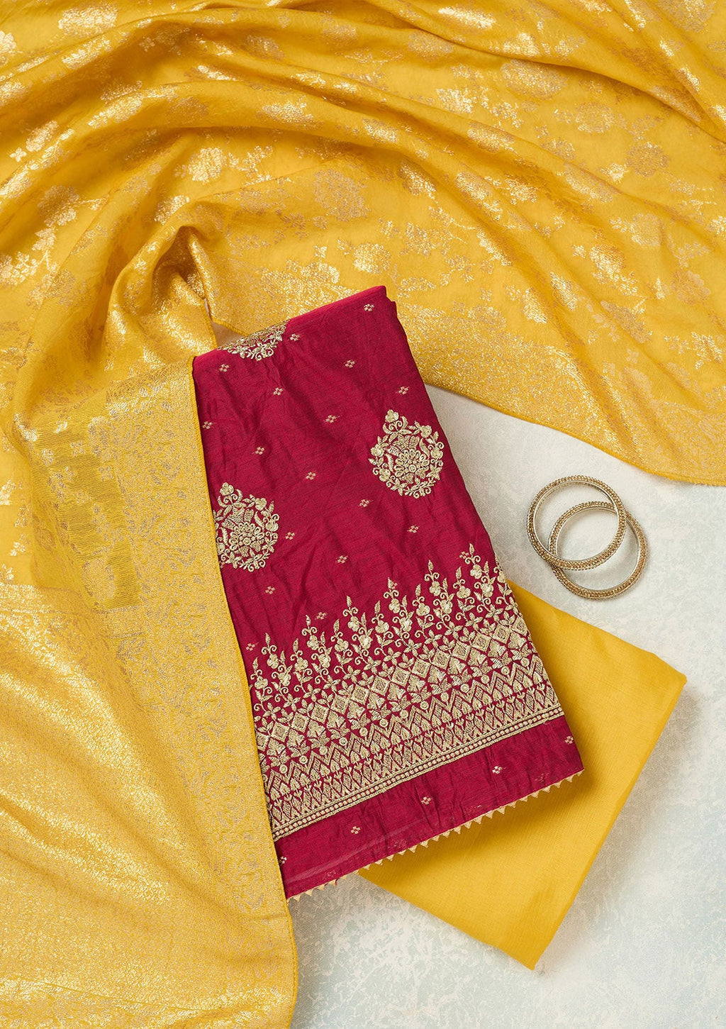 Rani Pink Metallic Embroidery Chanderi Unstitched Salwar Suit