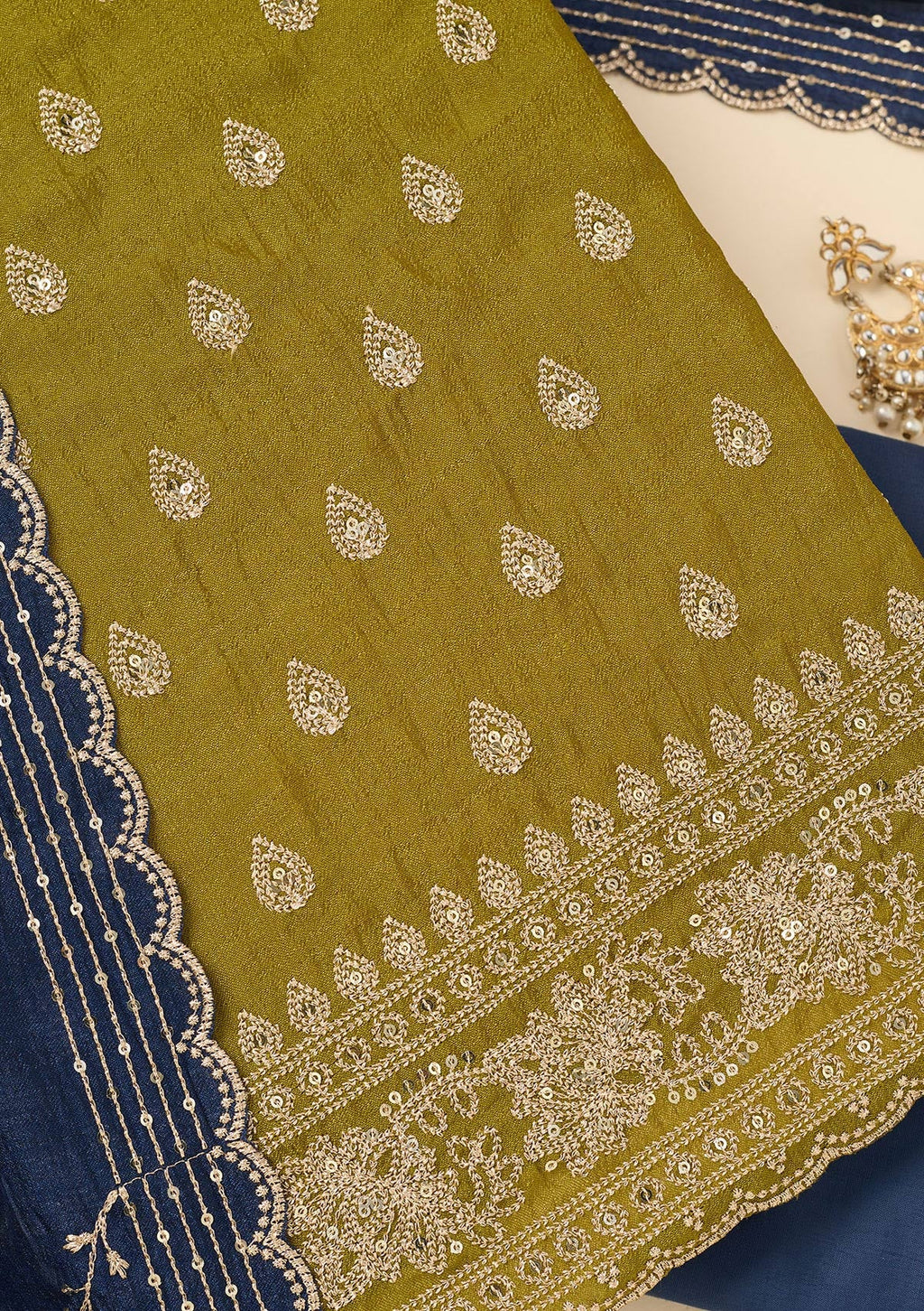 Parrot Green Zariwork Soft Raw Silk Unstitched Salwar Suit