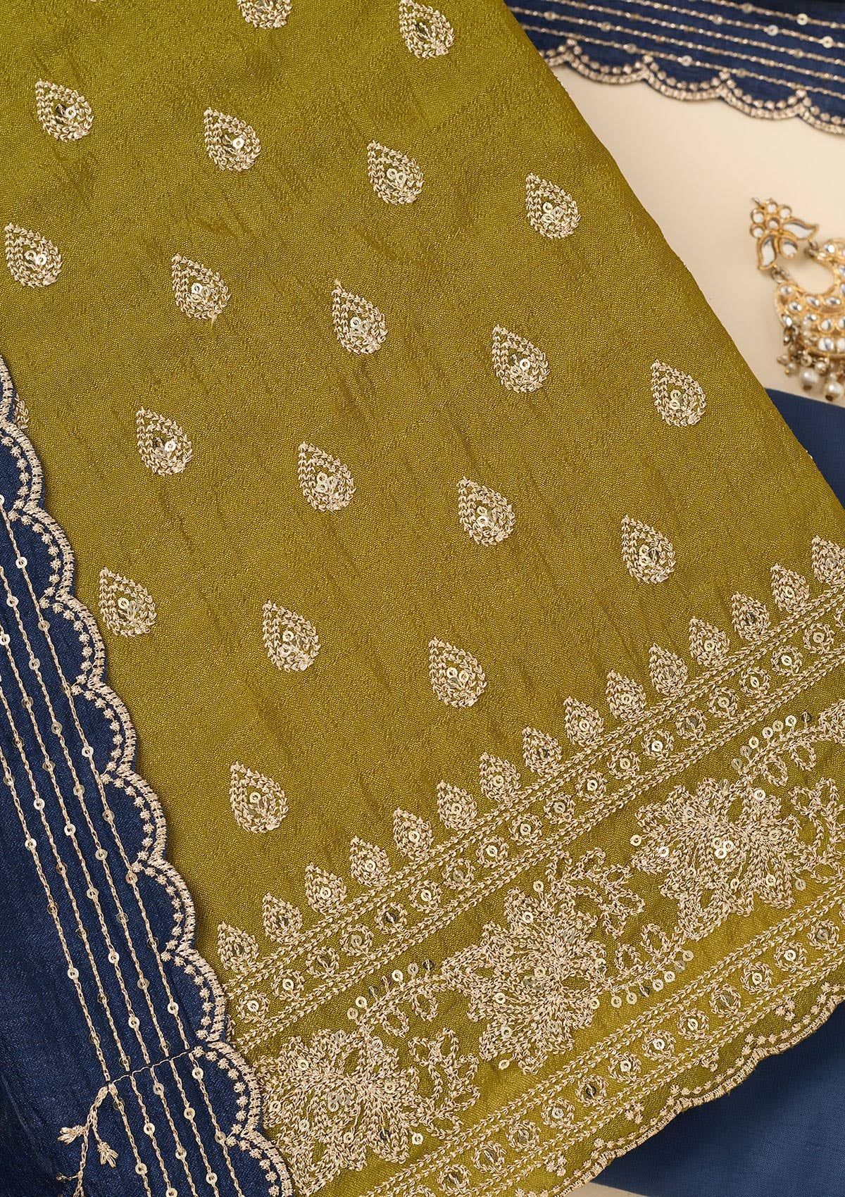 Parrot Green Zariwork Soft Raw Silk Unstitched Salwar Suit