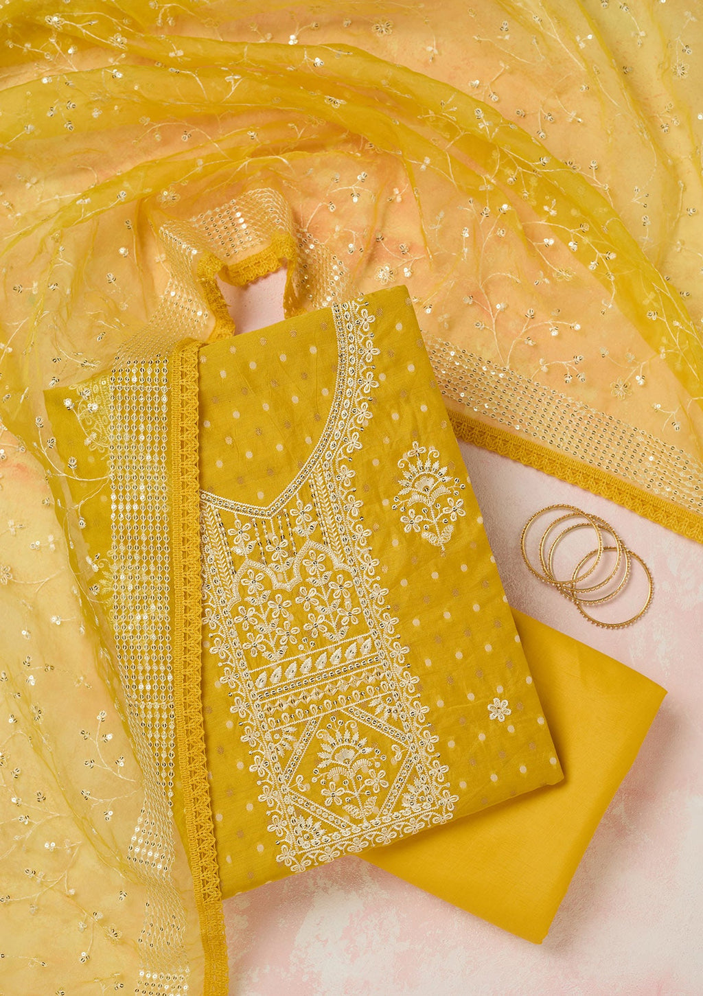 Mustard Metallic Embroidery Chanderi Unstitched Salwar Suit