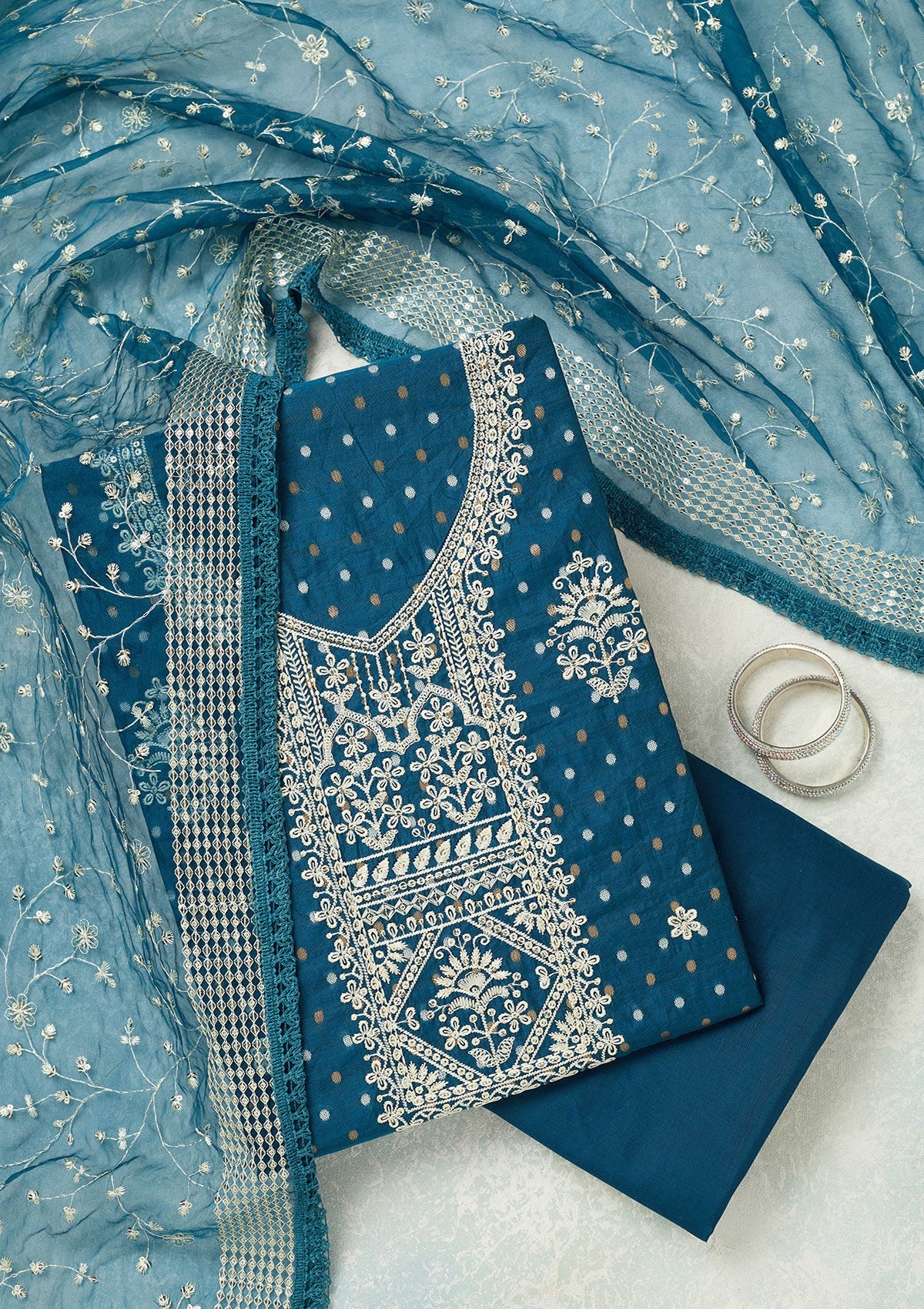 Peacock Blue Metallic Embroidery Chanderi Unstitched Salwar Suit