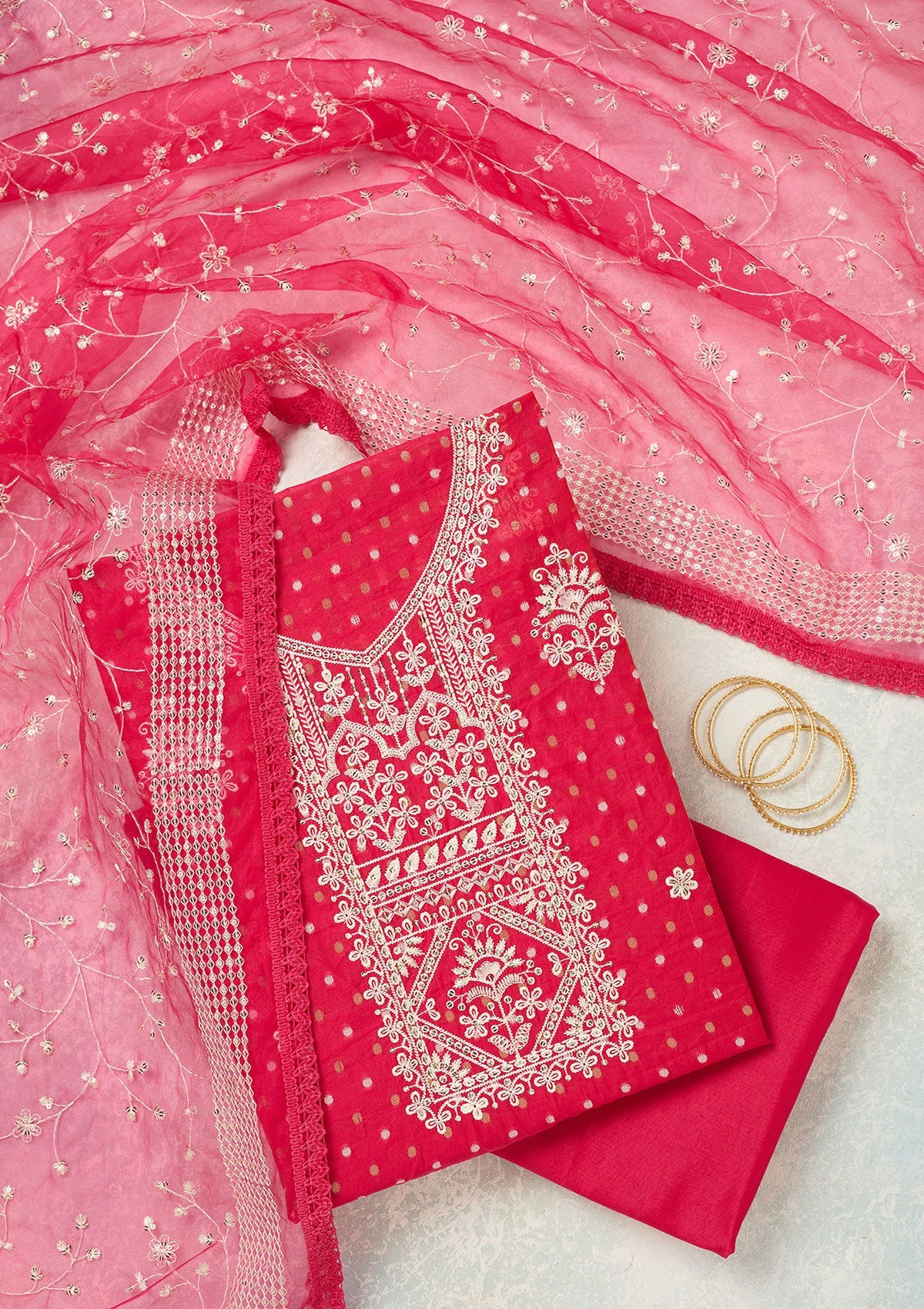Rani Pink Metallic Embroidery Chanderi Unstitched Salwar Suit