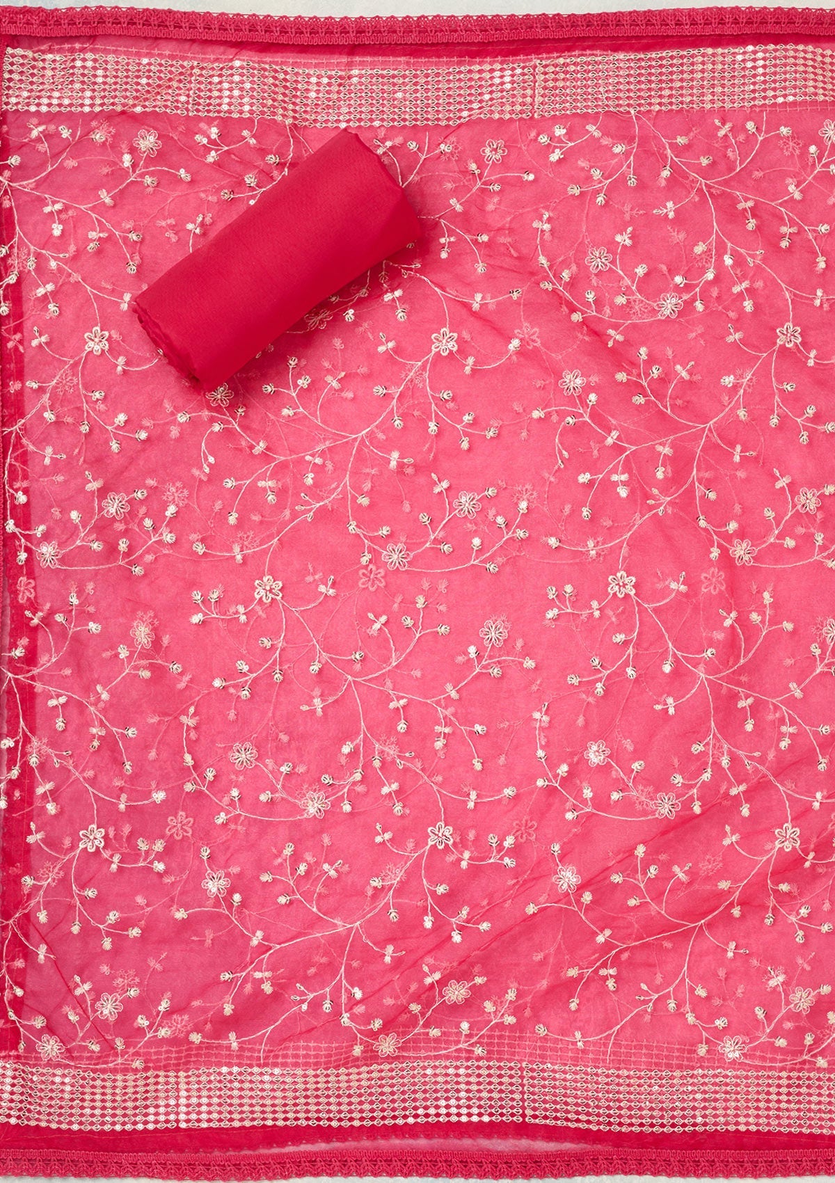 Rani Pink Metallic Embroidery Chanderi Unstitched Salwar Suit
