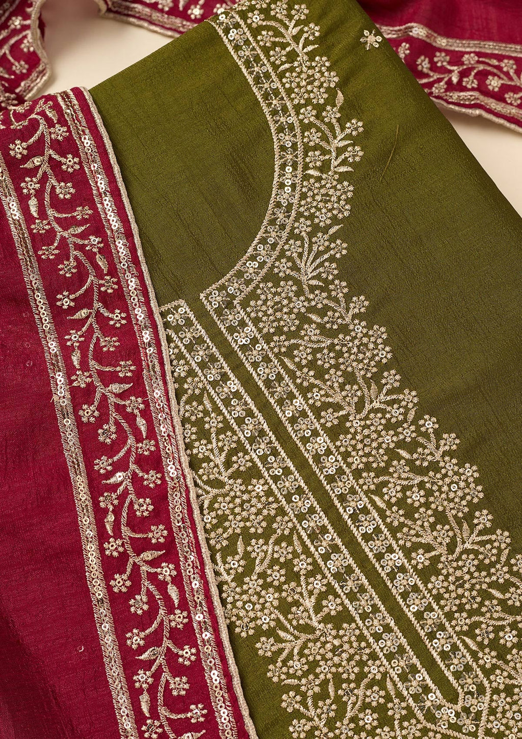 Mehendi Zariwork Soft Raw Silk Unstitched Salwar Suit