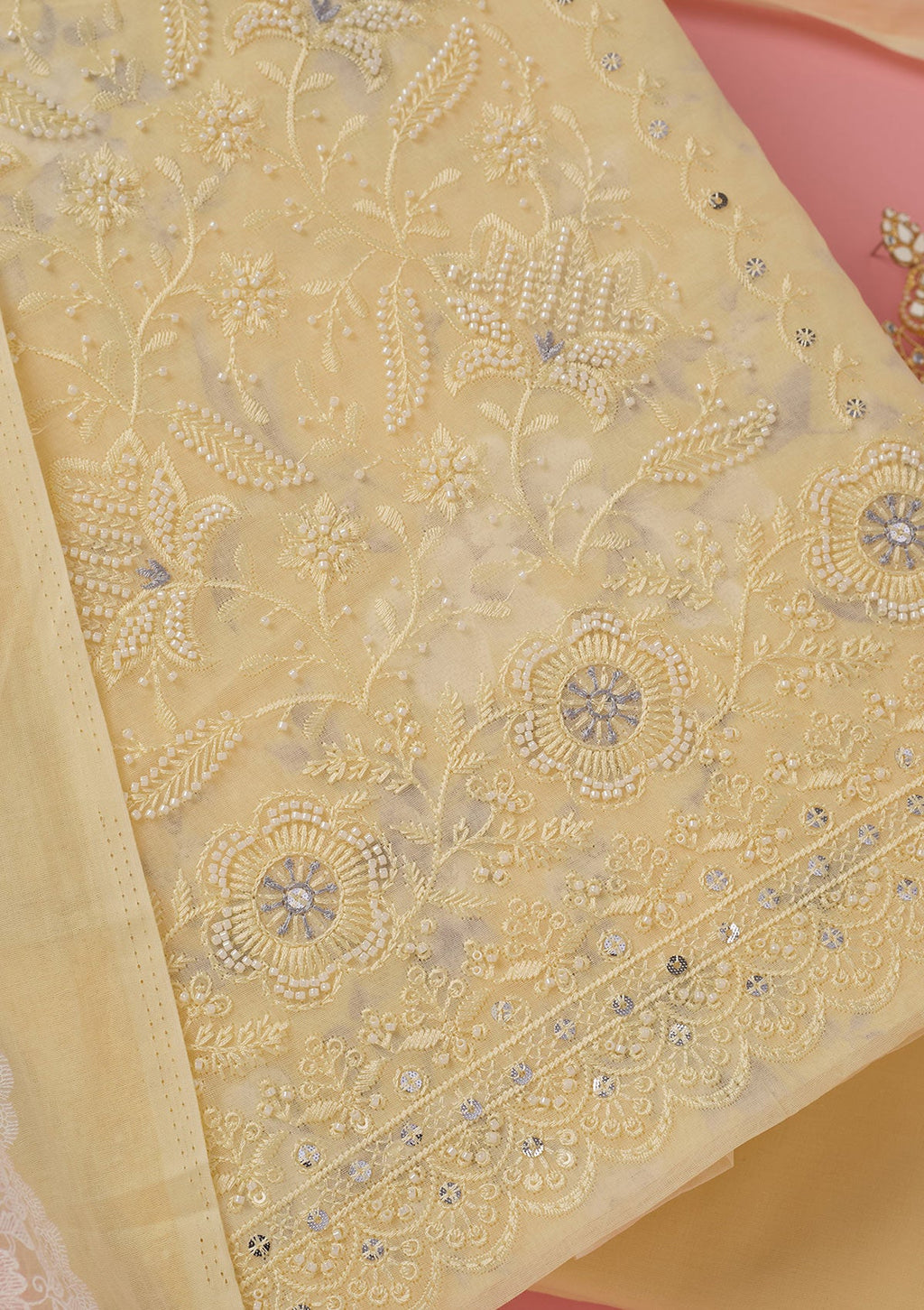 Lemon Yellow Threadwork Cotton Unstitched Salwar Suit