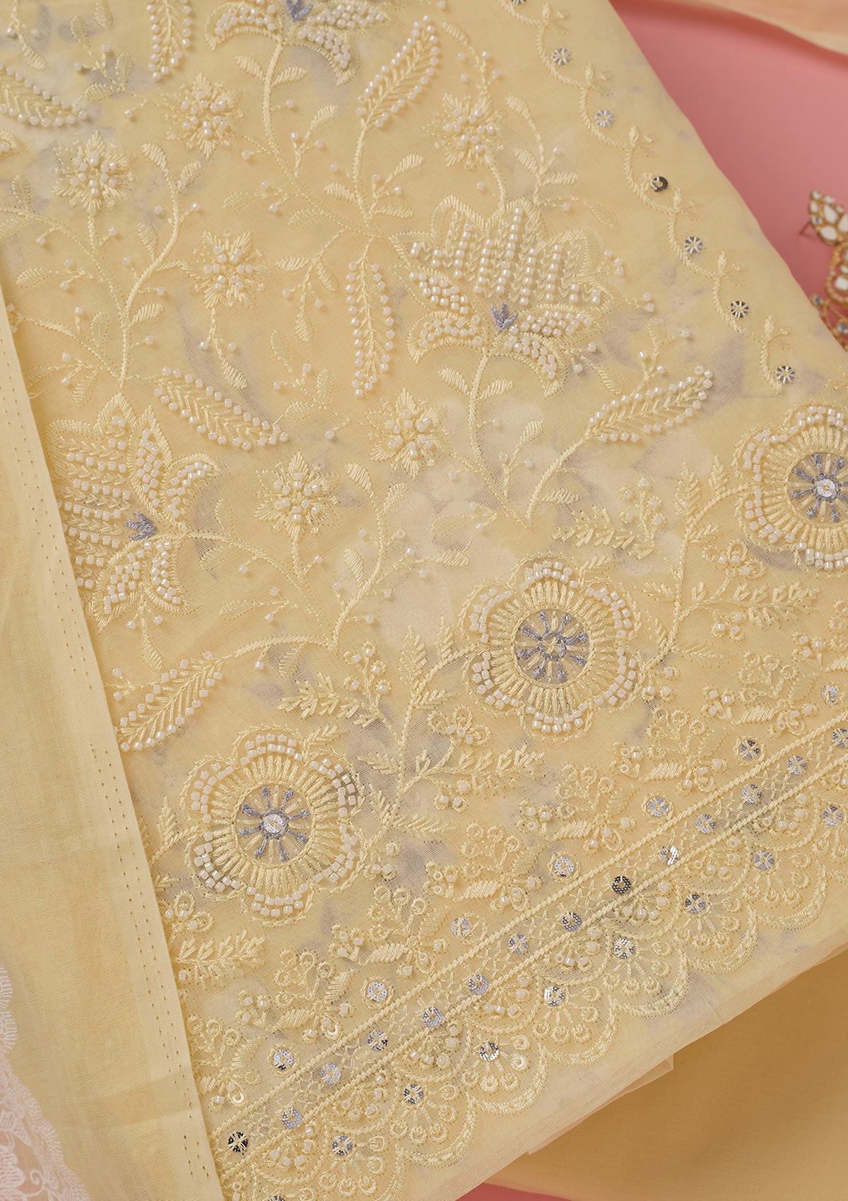 Lemon Yellow Threadwork Cotton Unstitched Salwar Suit
