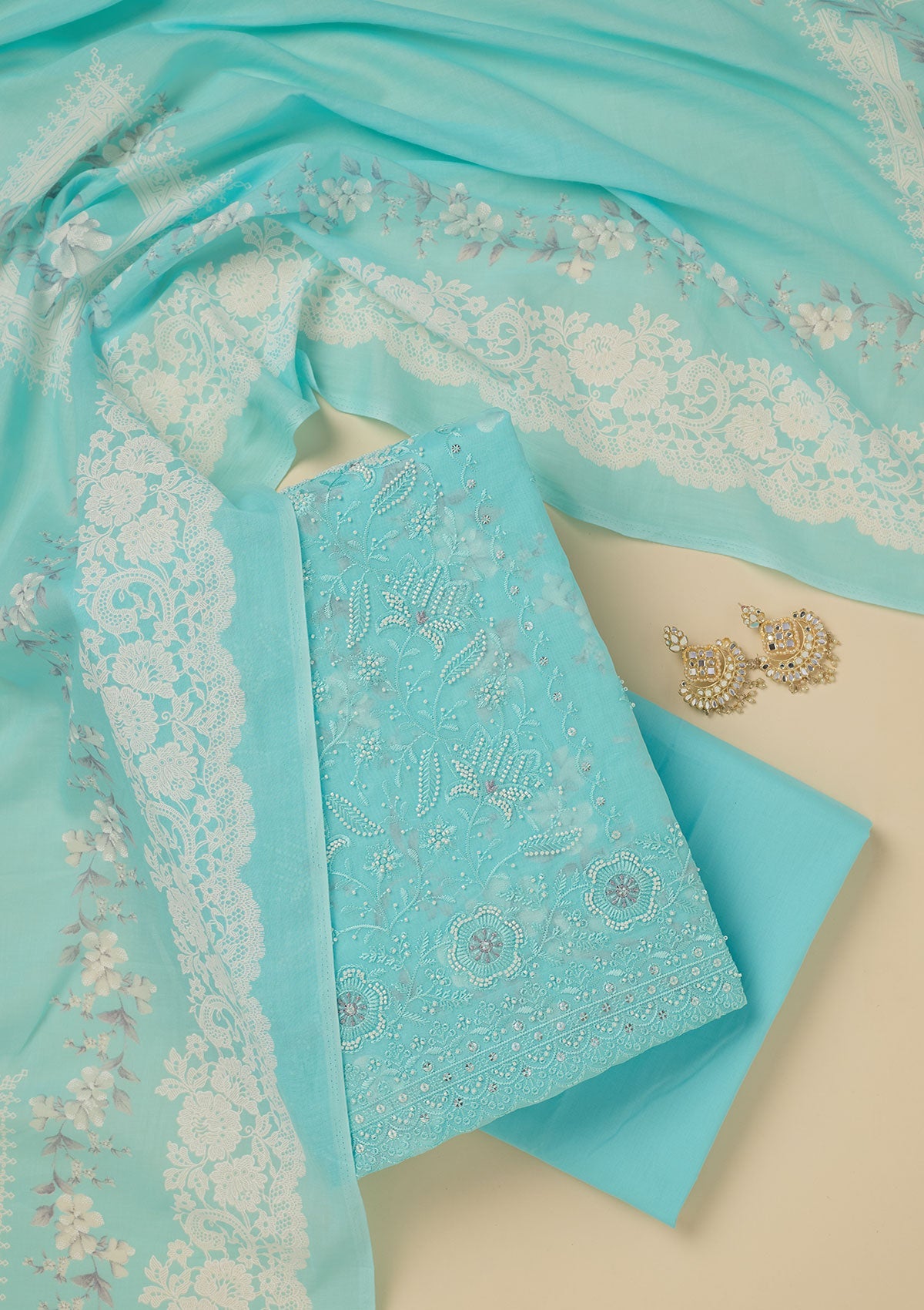 Sky Blue Threadwork Cotton Unstitched Salwar Suit