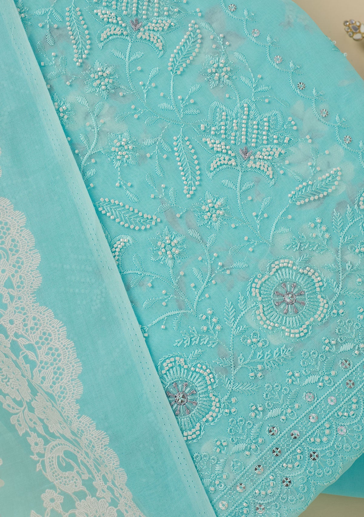 Sky Blue Threadwork Cotton Unstitched Salwar Suit