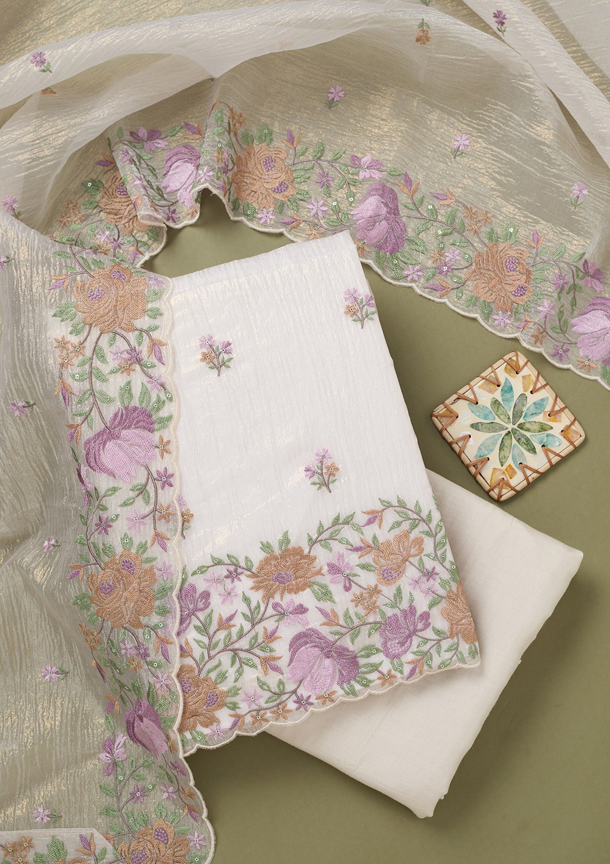 Beige Threadwork Tissue Unstitched Salwar Suit