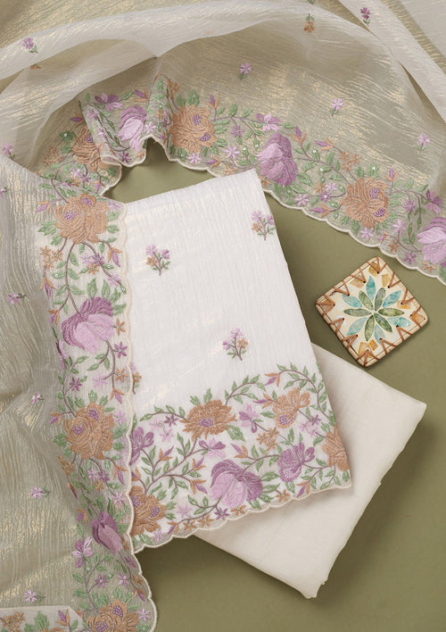 Beige Threadwork Tissue Unstitched Salwar Suit