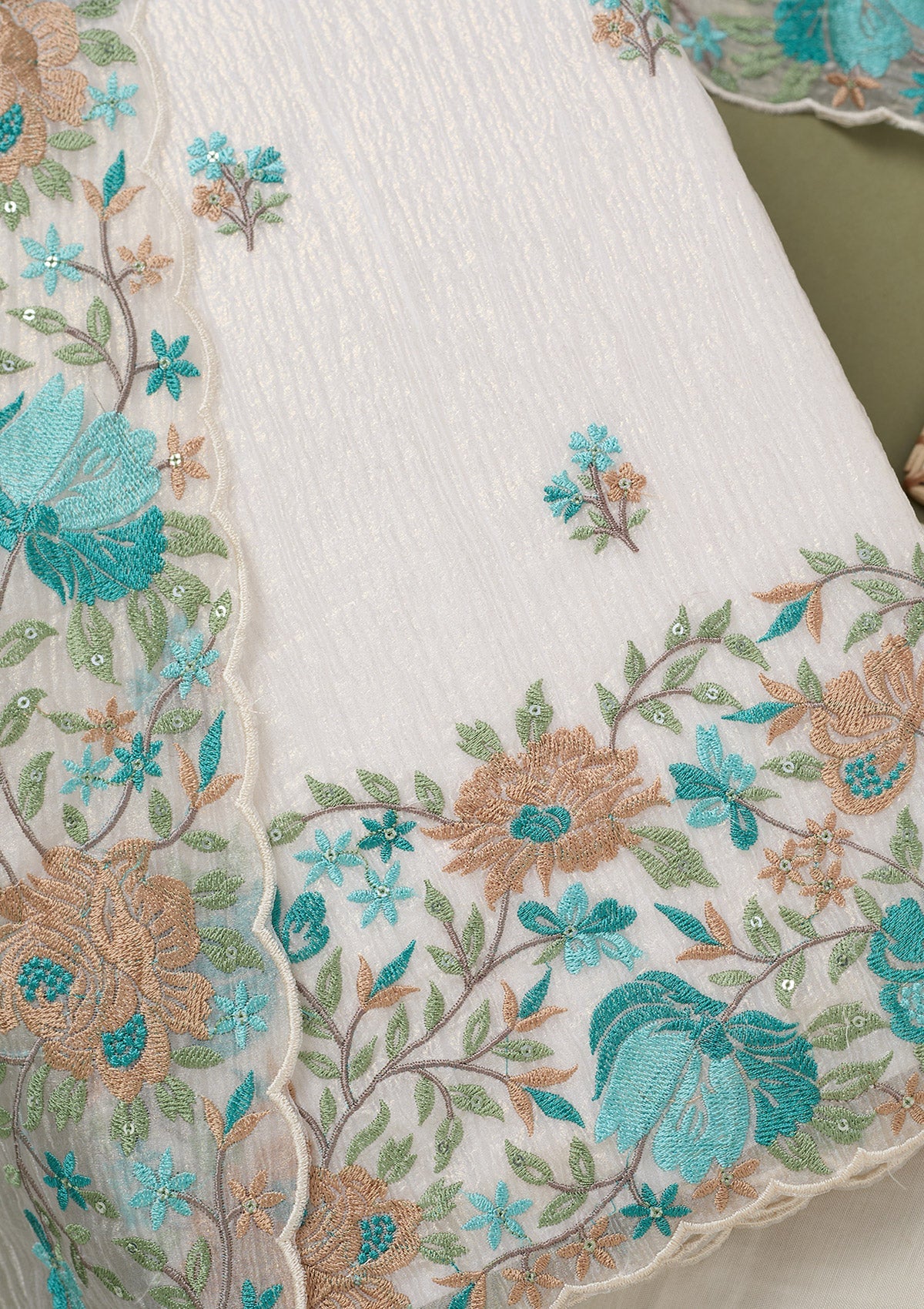 Beige Threadwork Tissue Unstitched Salwar Suit