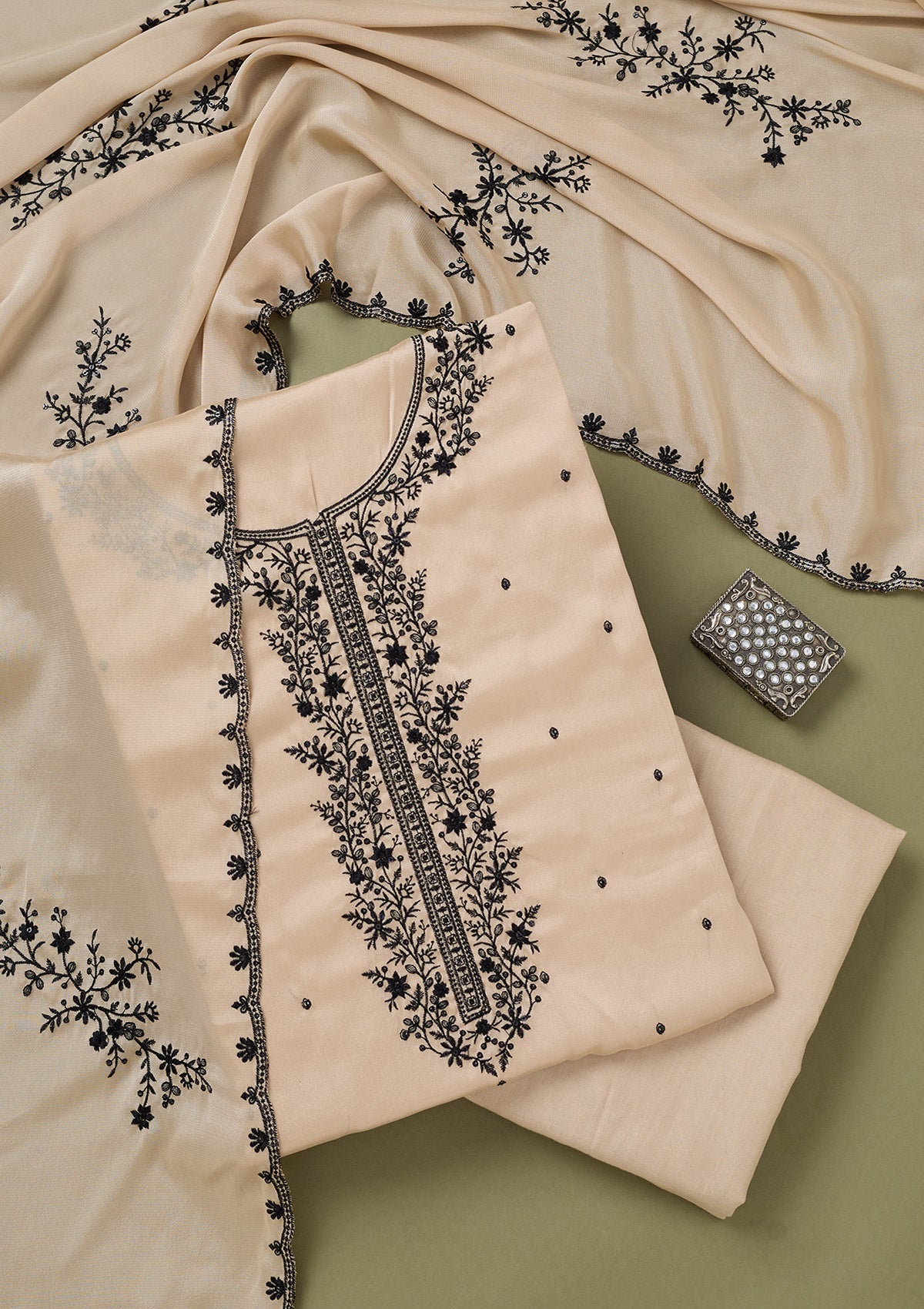 Beige Threadwork Semi Crepe Unstitched Salwar Suit