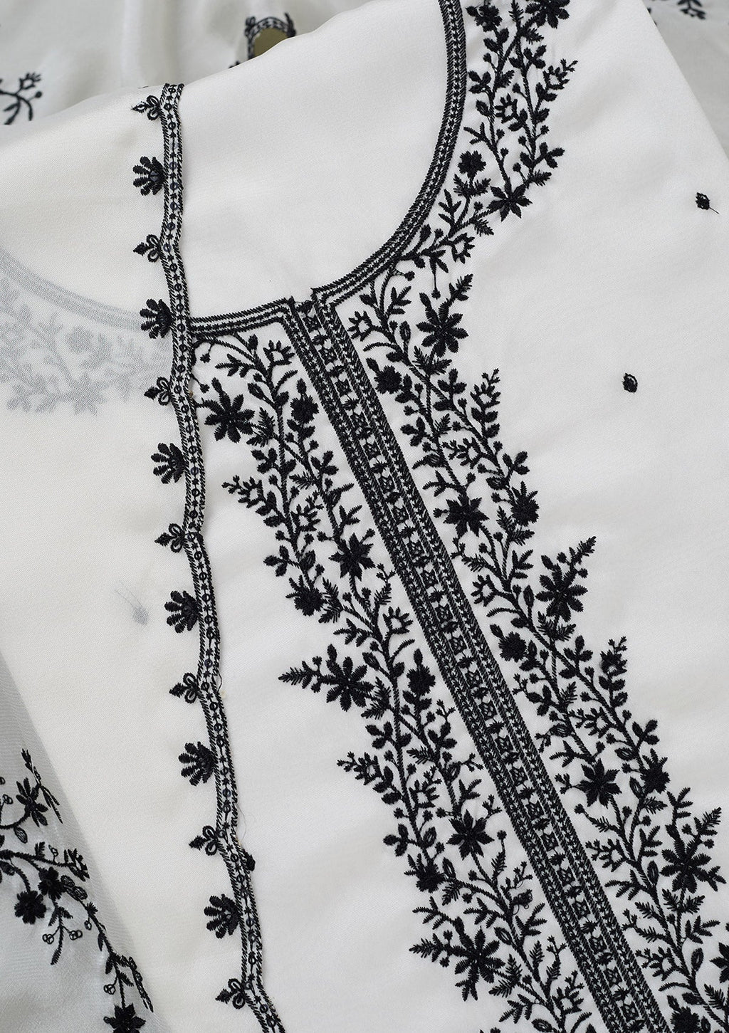 White Threadwork Semi Crepe Unstitched Salwar Suit