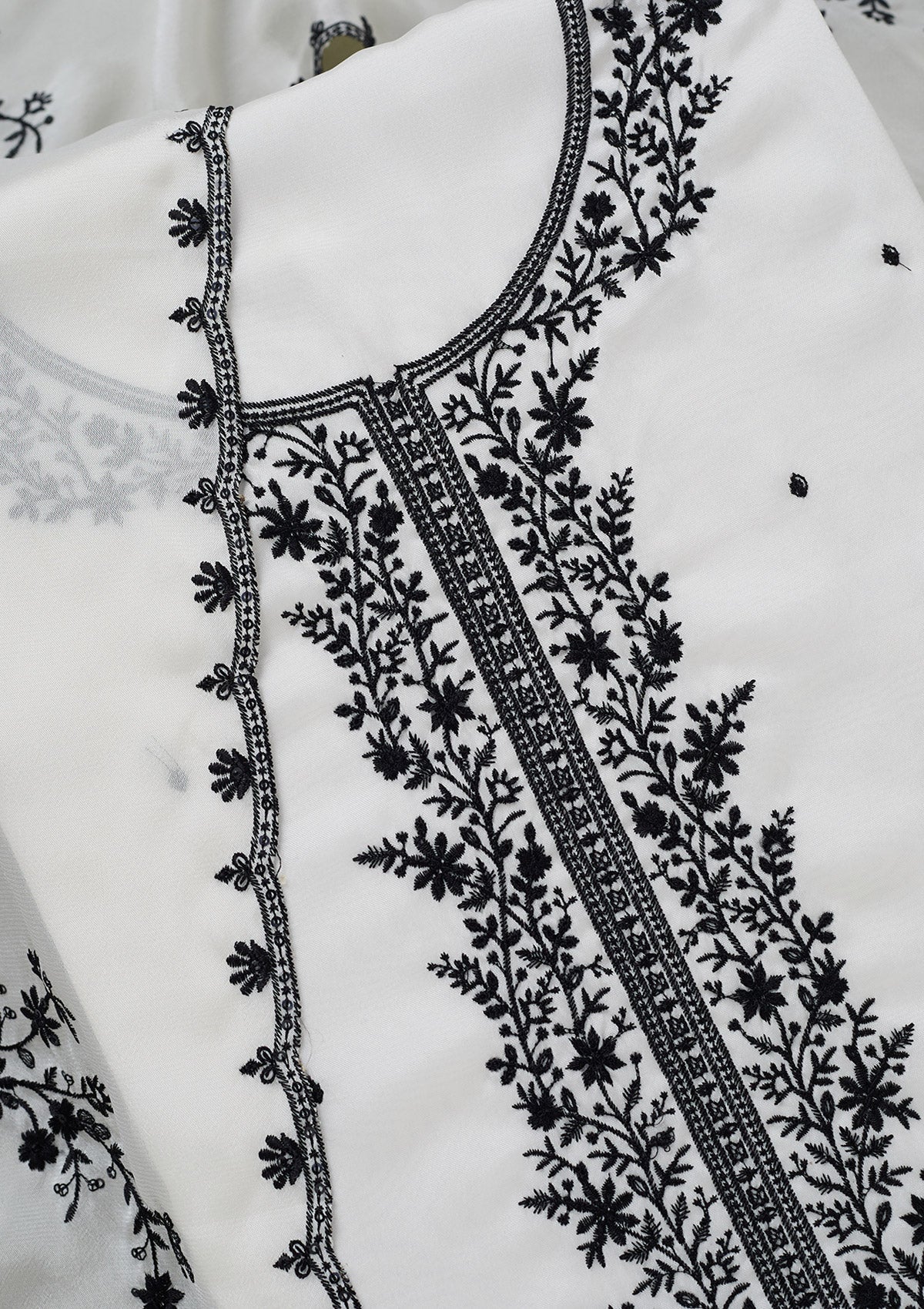 White Threadwork Semi Crepe Unstitched Salwar Suit