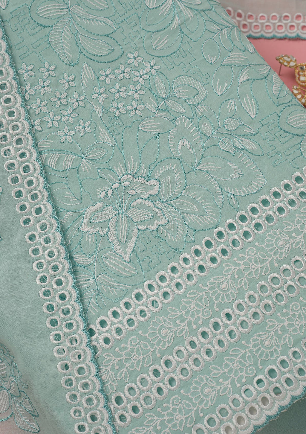 Sky Blue Threadwork Cotton Unstitched Salwar Suit