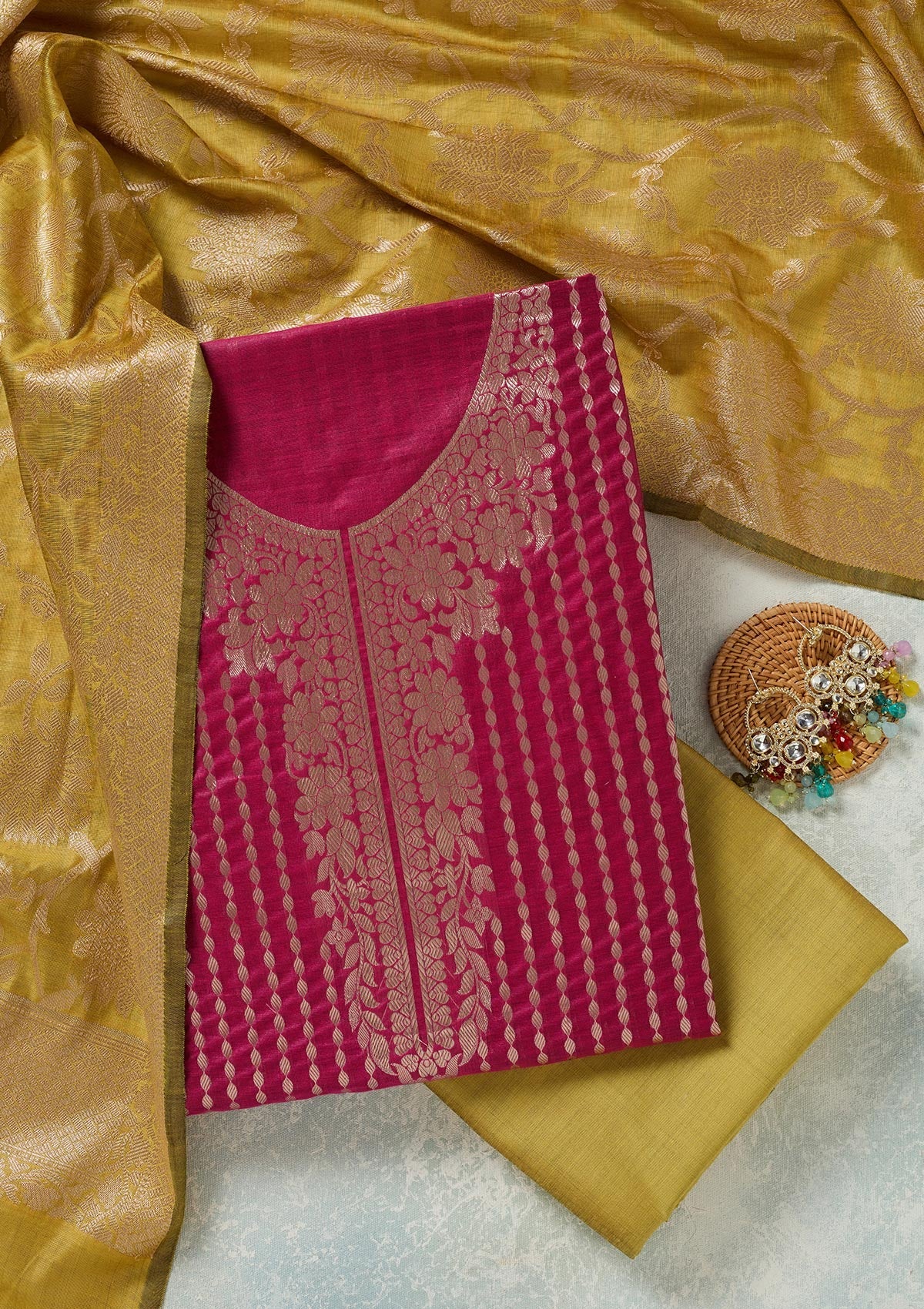Rani Pink Zariwork (Gold) Banarasi Unstitched Salwar Suit