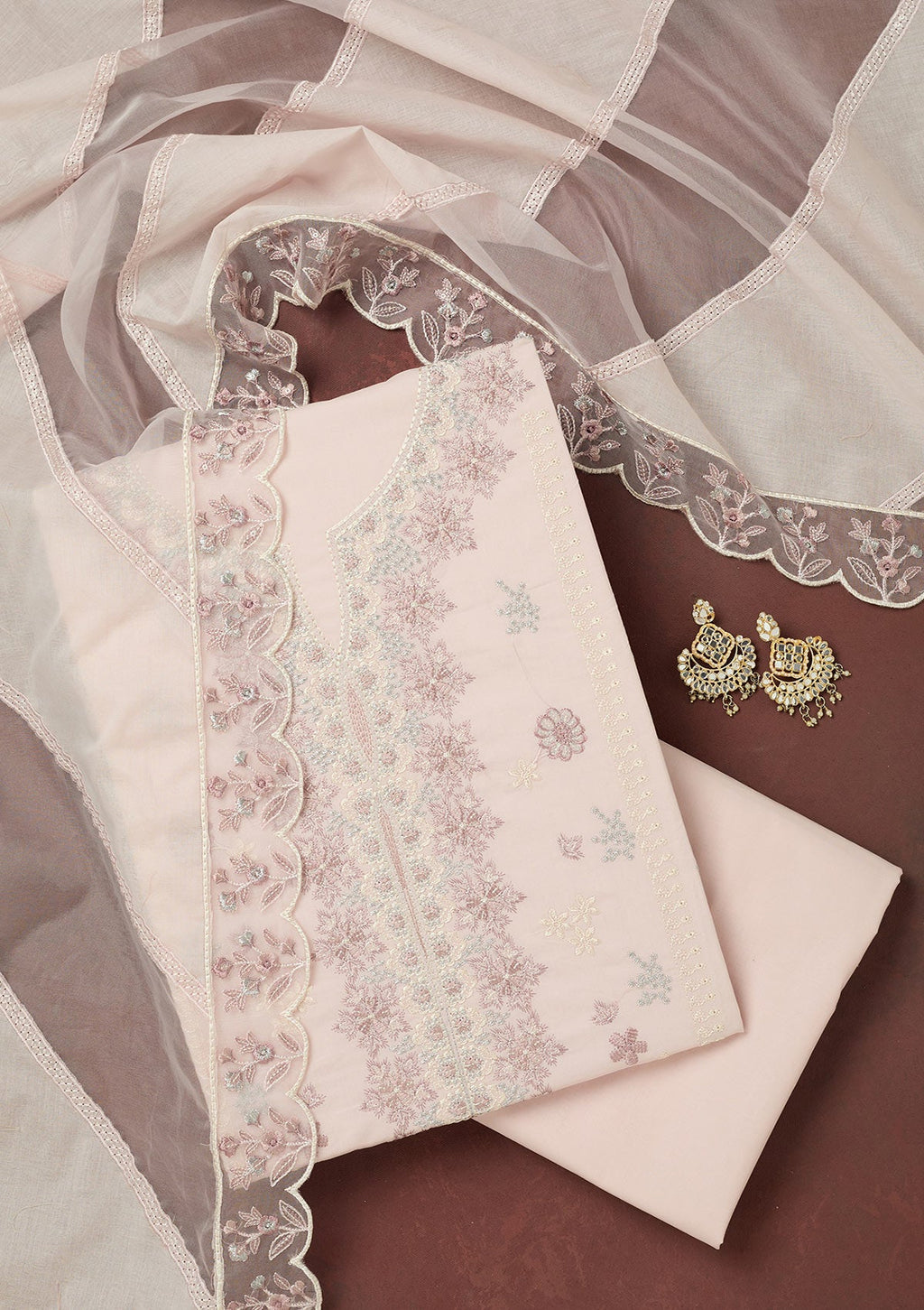 Baby Pink Threadwork Cotton Unstitched Salwar Suit