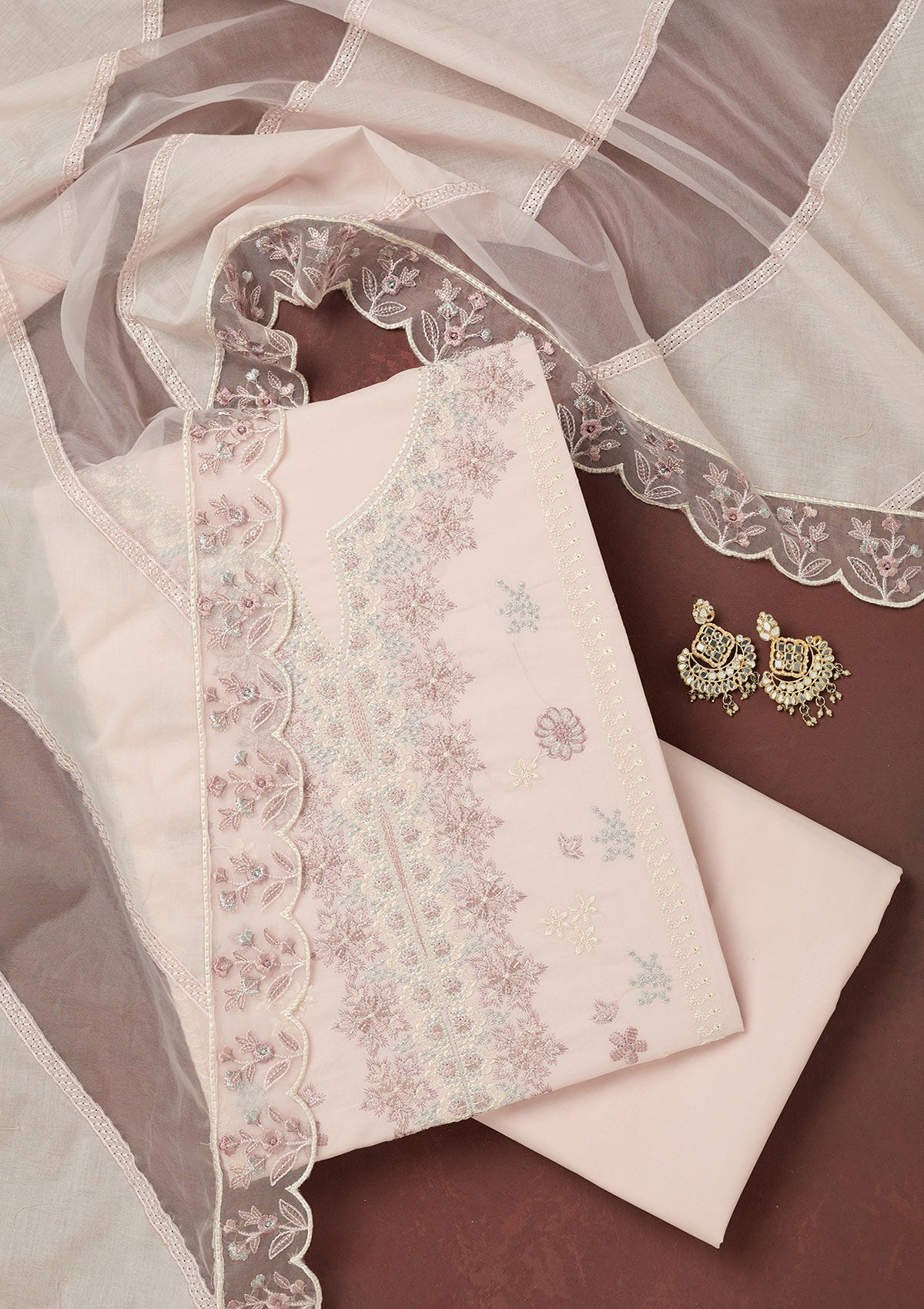 Baby Pink Threadwork Cotton Unstitched Salwar Suit