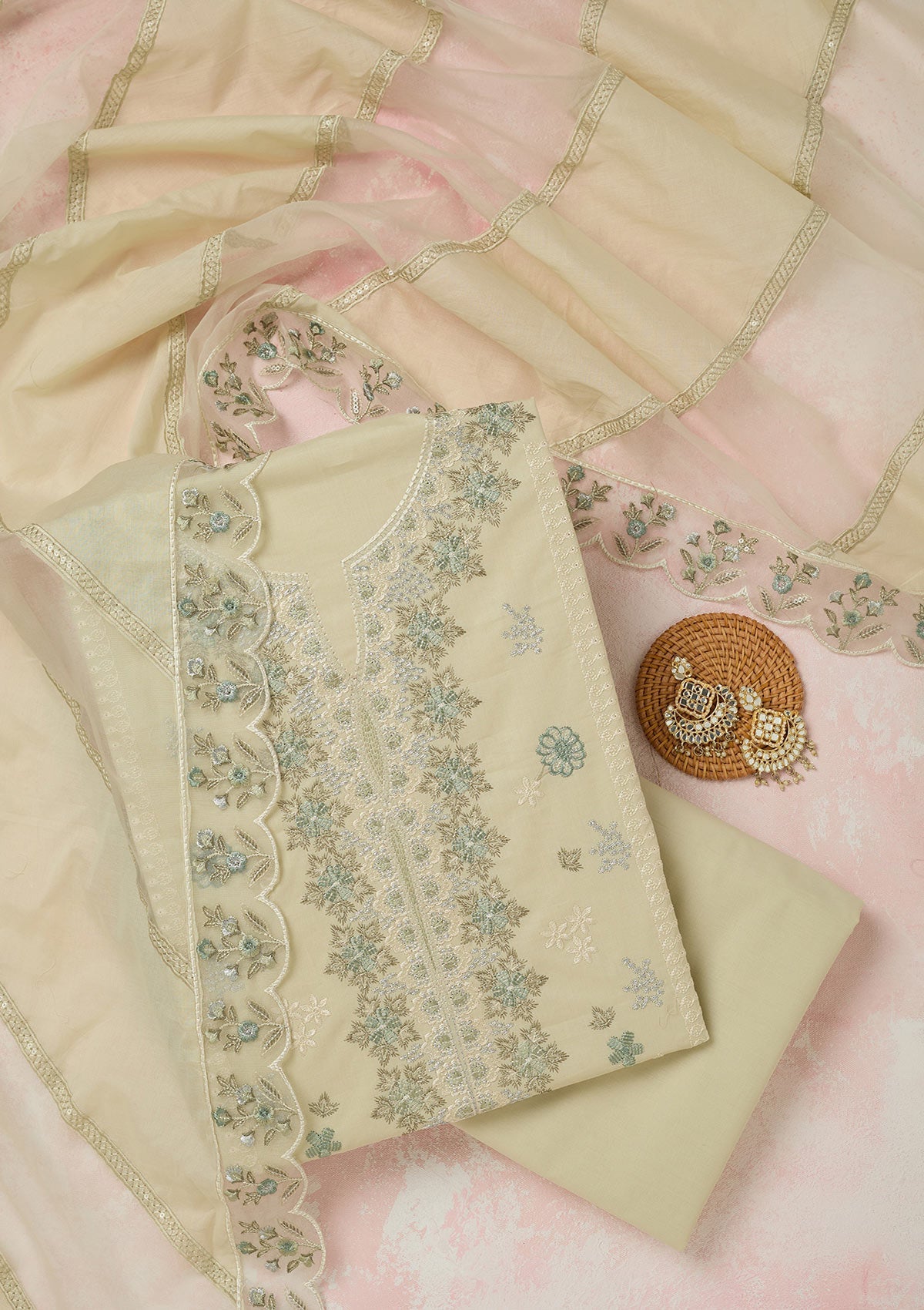 Pista Green Threadwork Cotton Unstitched Salwar Suit