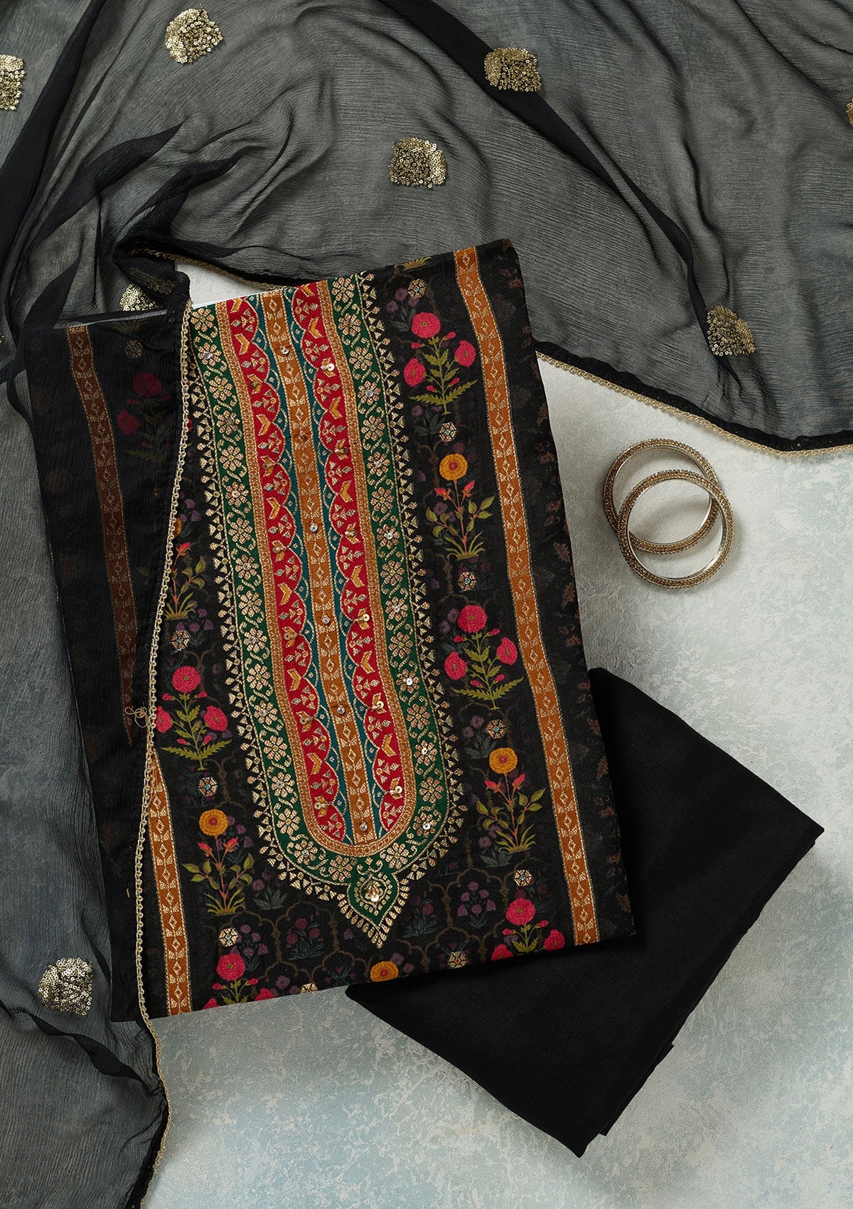Black Zariwork (Gold) Dola Silk Unstitched Salwar Suit