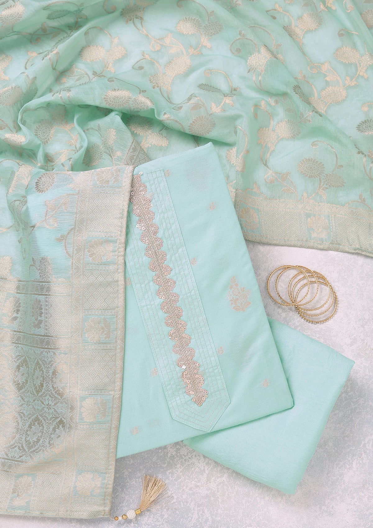 Sea Green Zariwork (Gold) Chanderi Unstitched Salwar Suit