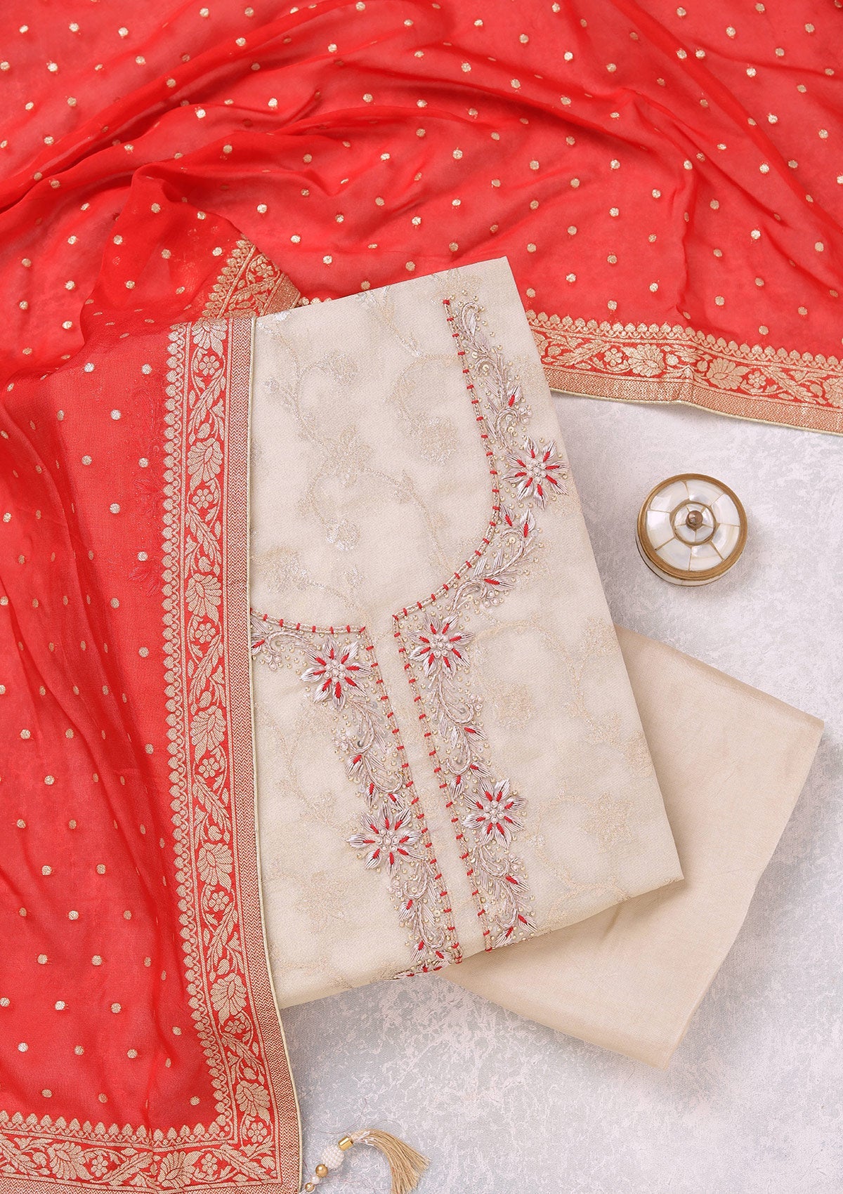 Beige Zardozi (Gold) Chanderi Unstitched Salwar Suit