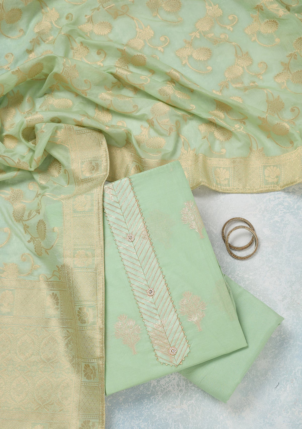 Pista Green Zariwork (Gold) Chanderi Unstitched Salwar Suit