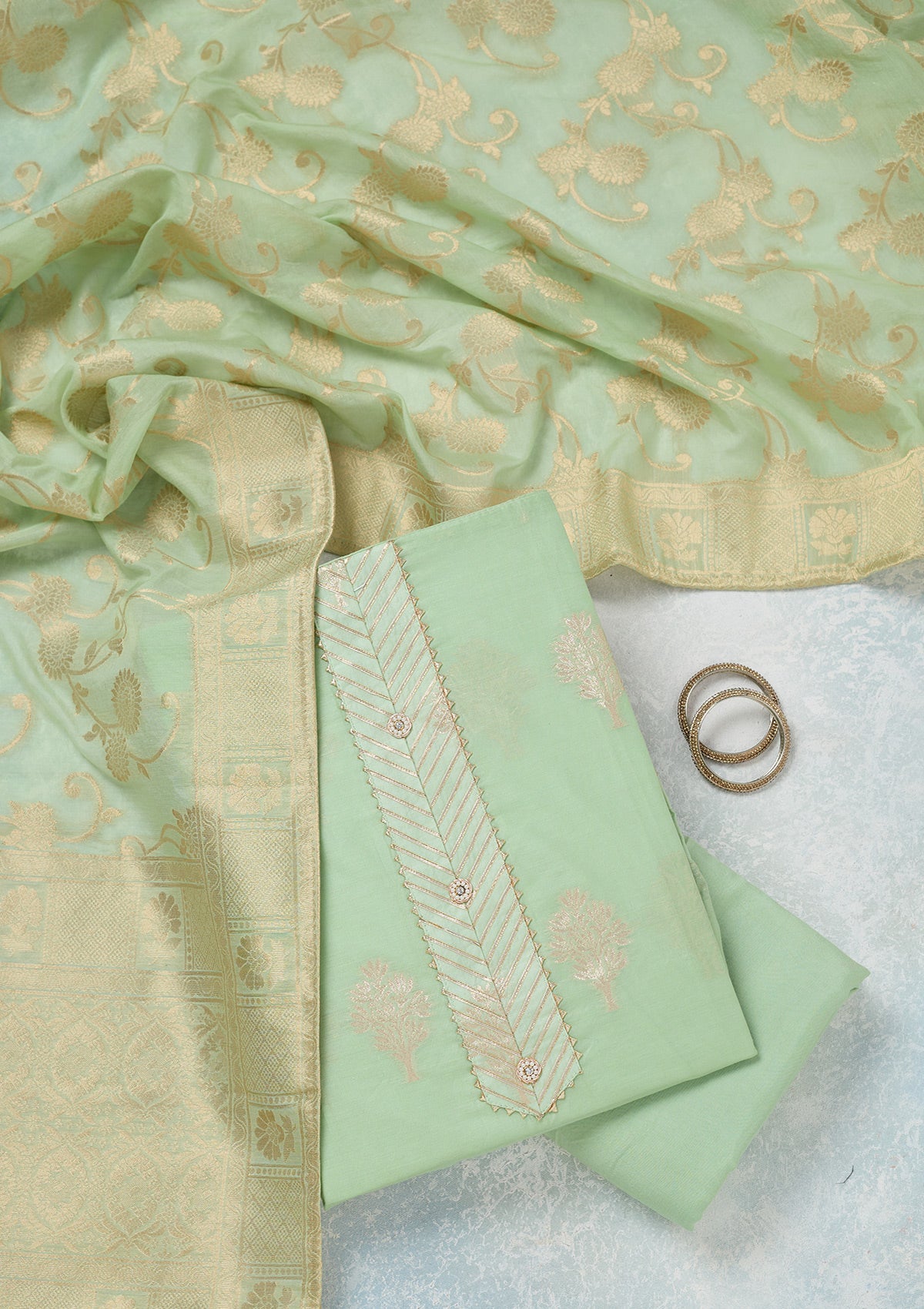 Pista Green Zariwork (Gold) Chanderi Unstitched Salwar Suit