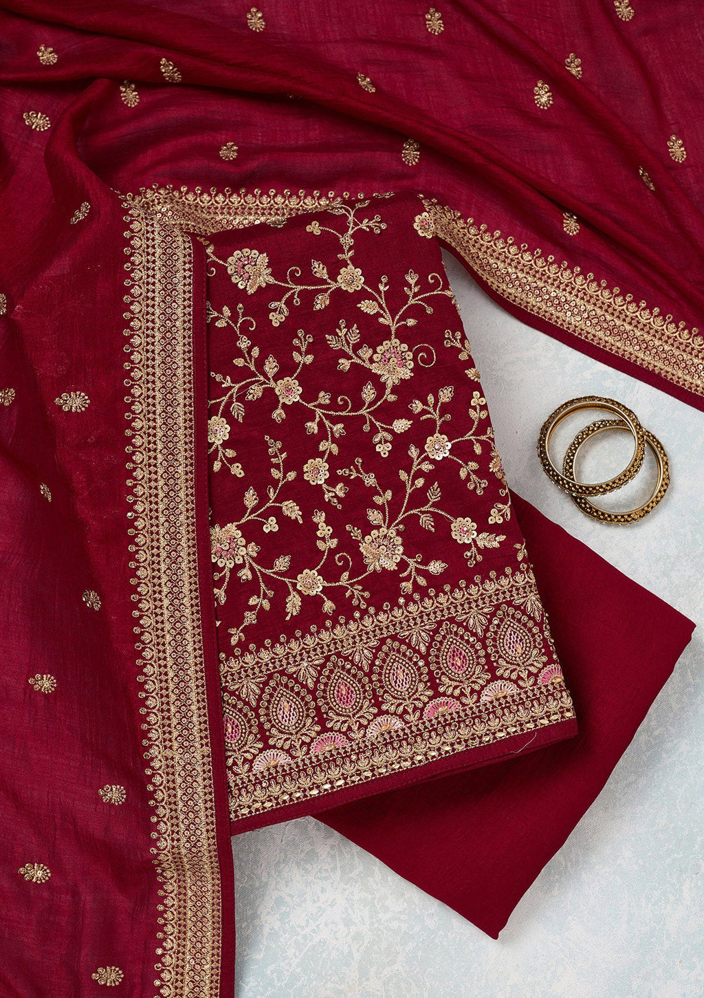Maroon Zariwork (Gold) Soft Raw Silk Unstitched Salwar Suit