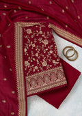 Maroon Zariwork (Gold) Soft Raw Silk Unstitched Salwar Suit