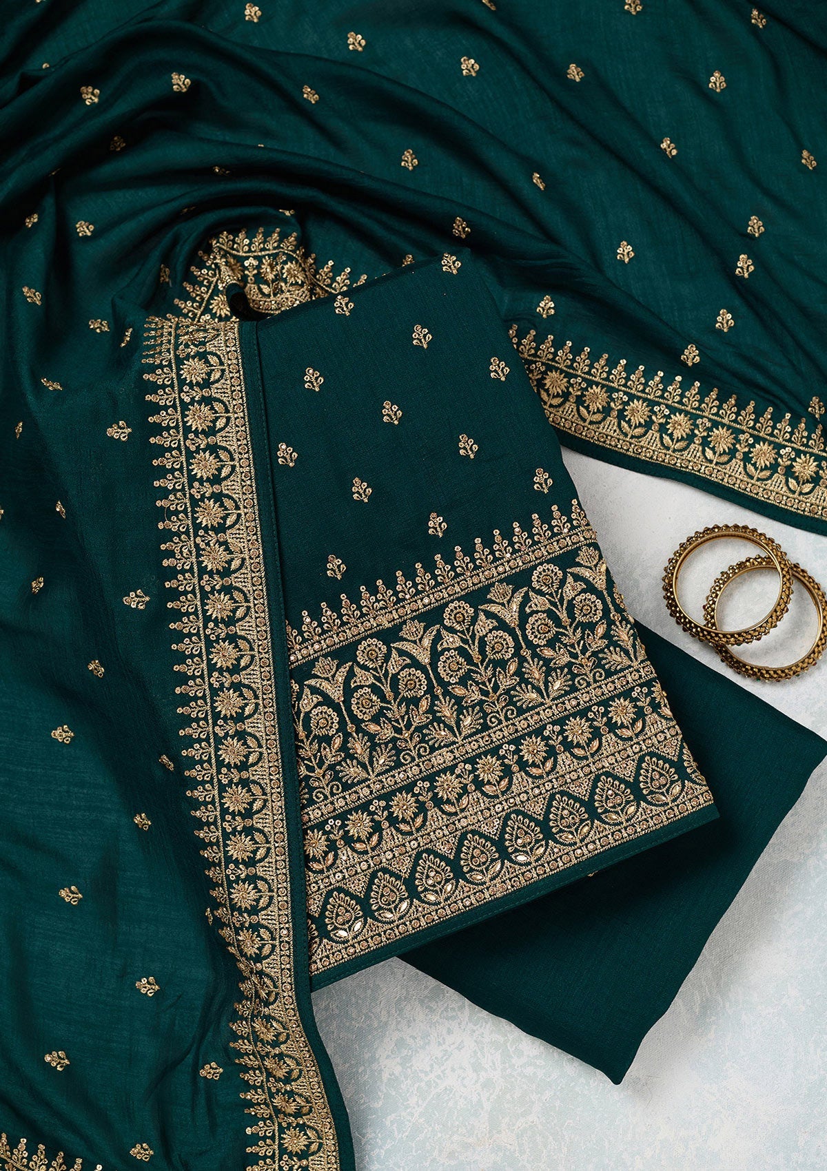 Bottle Green Zariwork (Gold) Soft Raw Silk Unstitched Salwar Suit