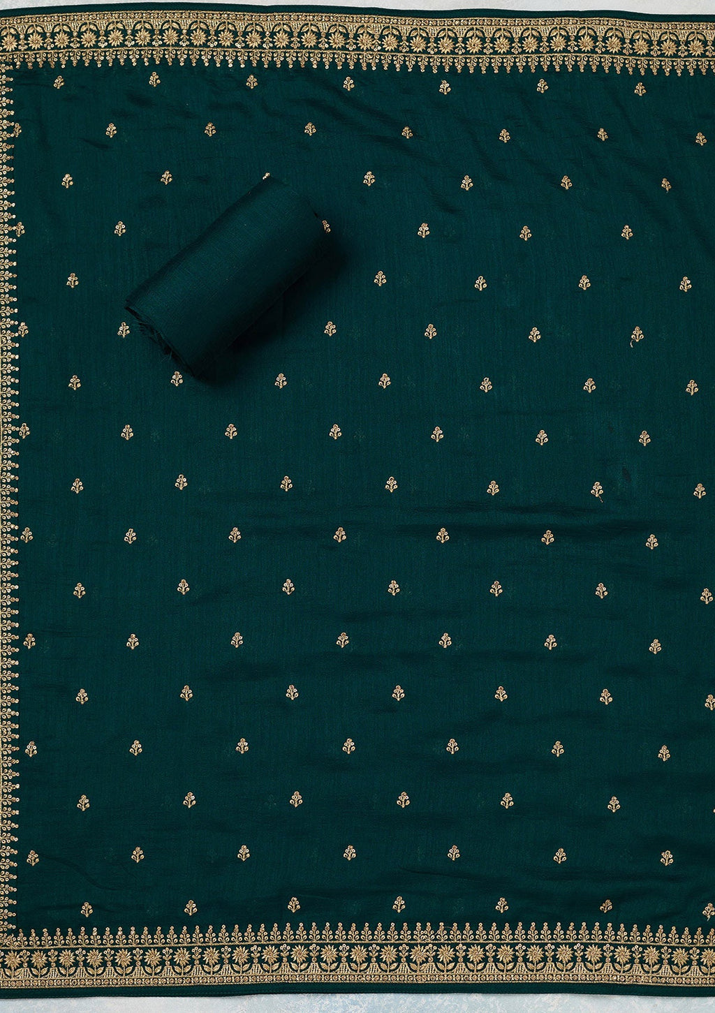 Bottle Green Zariwork (Gold) Soft Raw Silk Unstitched Salwar Suit